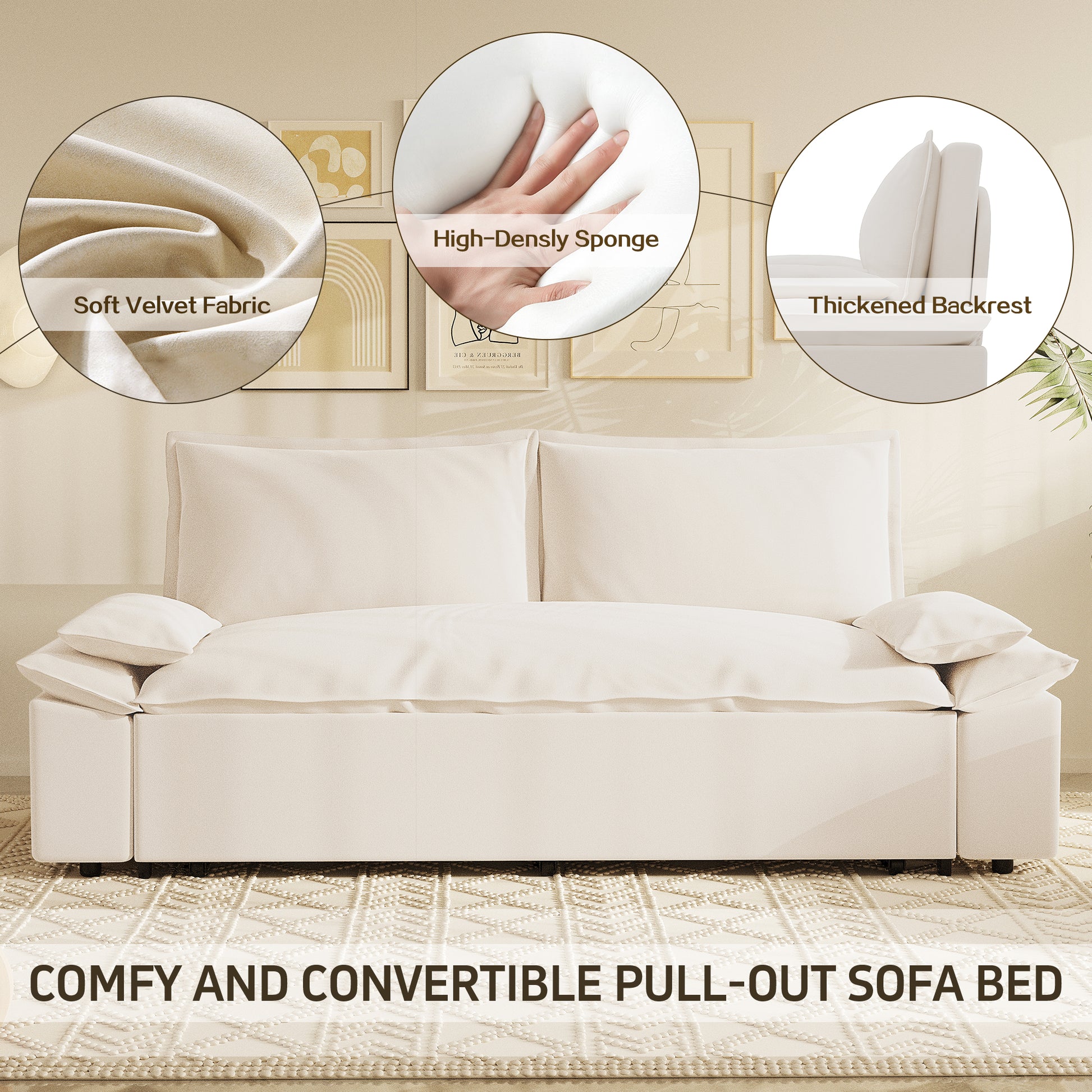 70.1" Queen Pull Out Sofa Bed, 3 In 1 Convertible Sleeper Sofa With 2 Soft Pillows,Multi Functional Velvet Loveseat Bed,Beige Old Sku:W1885134131 Beige Velvet 2 Seat