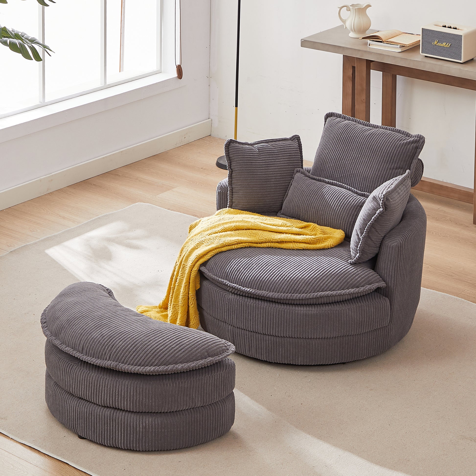38"W Oversized Swivel Chair With Moon Storage Ottoman For Living Room, Modern Accent Round Loveseat Circle Swivel Barrel Chairs For Bedroom Cuddle Sofa Chair Lounger Armchair, 4 Pillows,Corduroy Grey Foam Corduroy