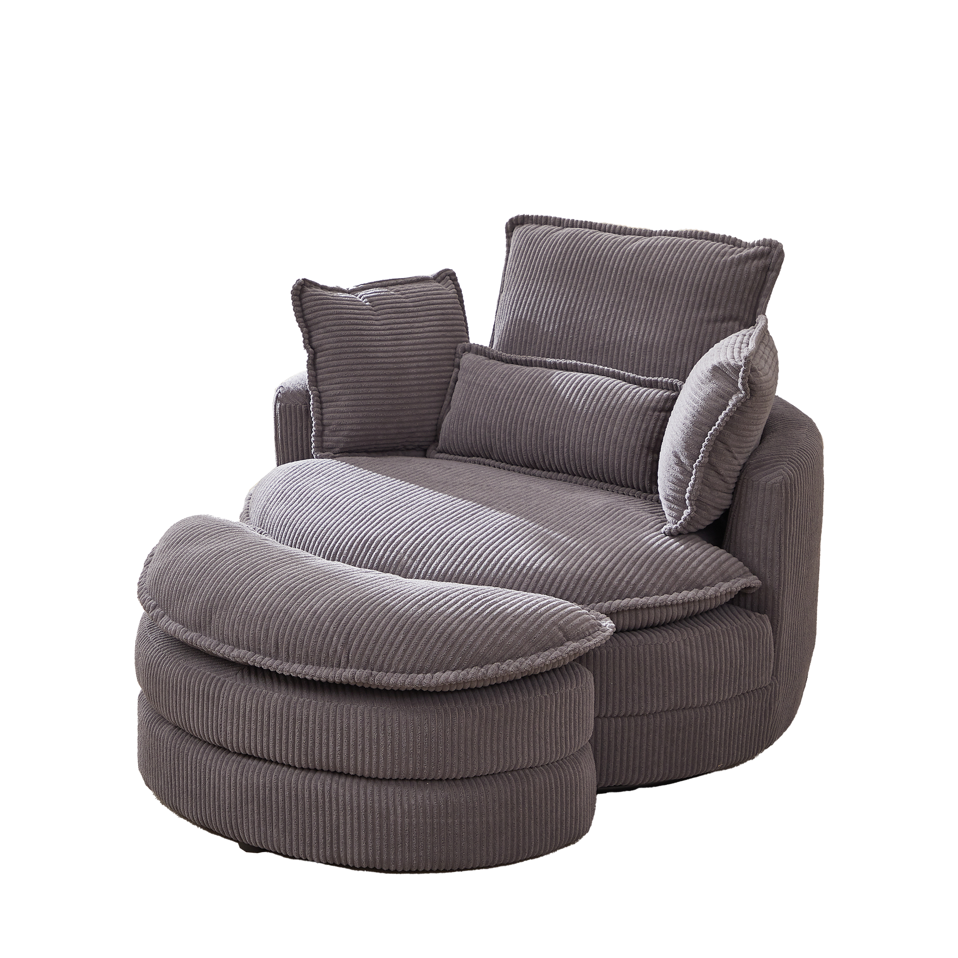 38"W Oversized Swivel Chair With Moon Storage Ottoman For Living Room, Modern Accent Round Loveseat Circle Swivel Barrel Chairs For Bedroom Cuddle Sofa Chair Lounger Armchair, 4 Pillows,Corduroy Grey Foam Corduroy