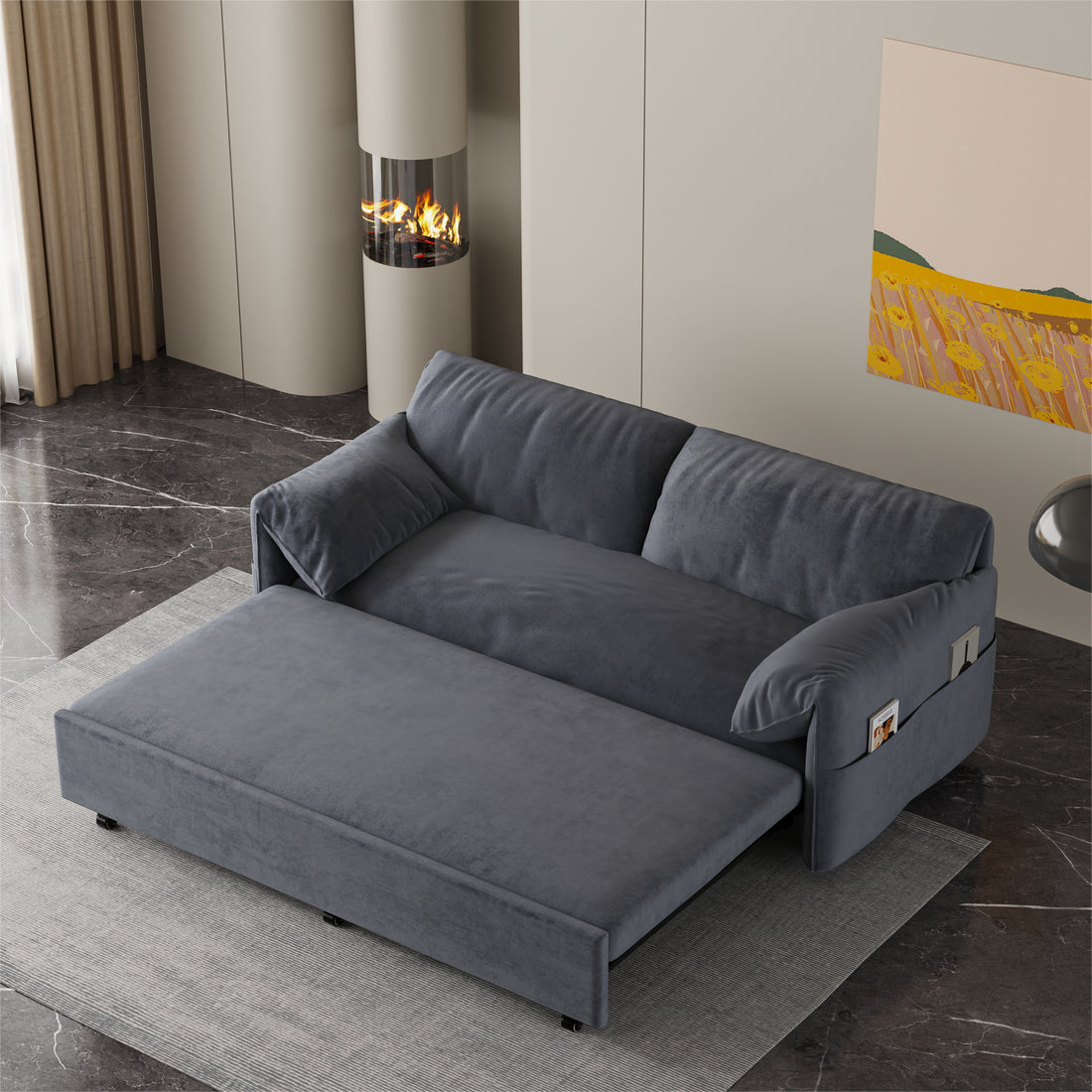 63.8" Queen Pull Out Sofa Bed, 3 In 1 Convertible Sleeper Sofa With Side Storage,Multi Functional Velvet Loveseat Bed For Living Room,Bedroom,Apartment,Office,Grey Old Sku:W1885122052 Grey Velvet Velvet 2 Seat