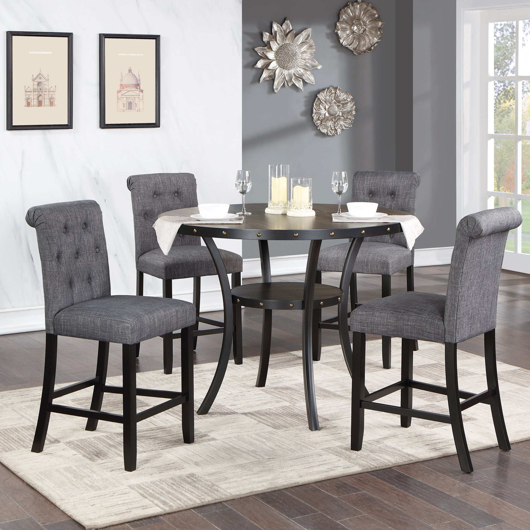 Dining Room Furniture Natural Wood Round Dining Table 4X High Chairs Charcoal Fabric Tufted Roll Back Top Chair Storage Shelve 5Pc Counter Height Dining Set Wood Dining Room Rubberwood Round Dining