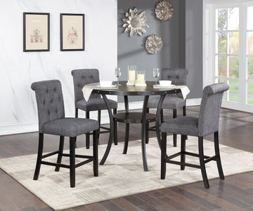 Dining Room Furniture Natural Wood Round Dining Table 4X High Chairs Charcoal Fabric Tufted Roll Back Top Chair Storage Shelve 5Pc Counter Height Dining Set Wood Dining Room Rubberwood Round Dining