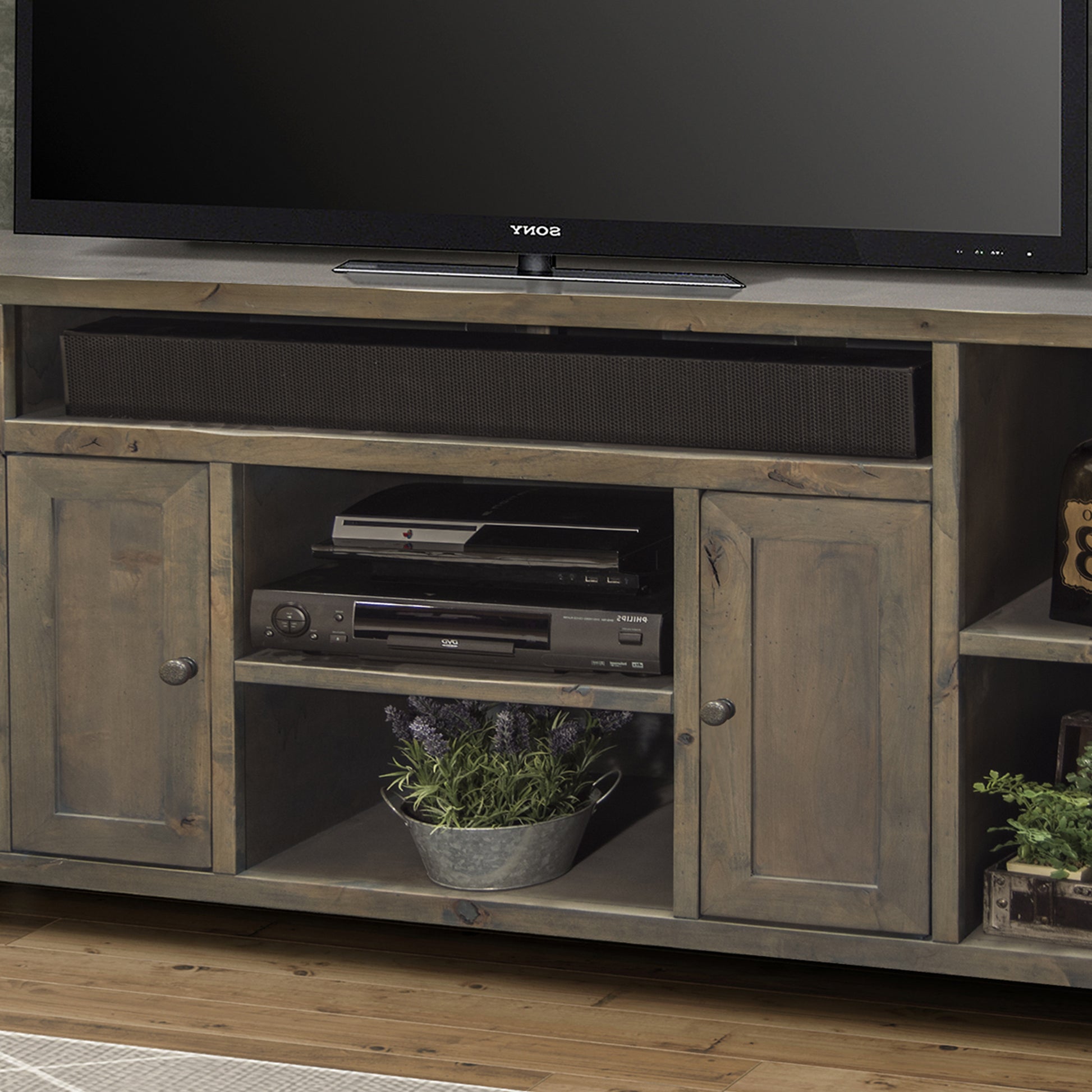 Joshua Creek 64 Inch Tv Stand Console For Tvs Up To 70 Inches, No Assembly Required, Barnwood Finish Brown Brown Primary Living Space 60 69 Inches 70 79 Inches Rustic,Transitional Alder 70 Inches Wood