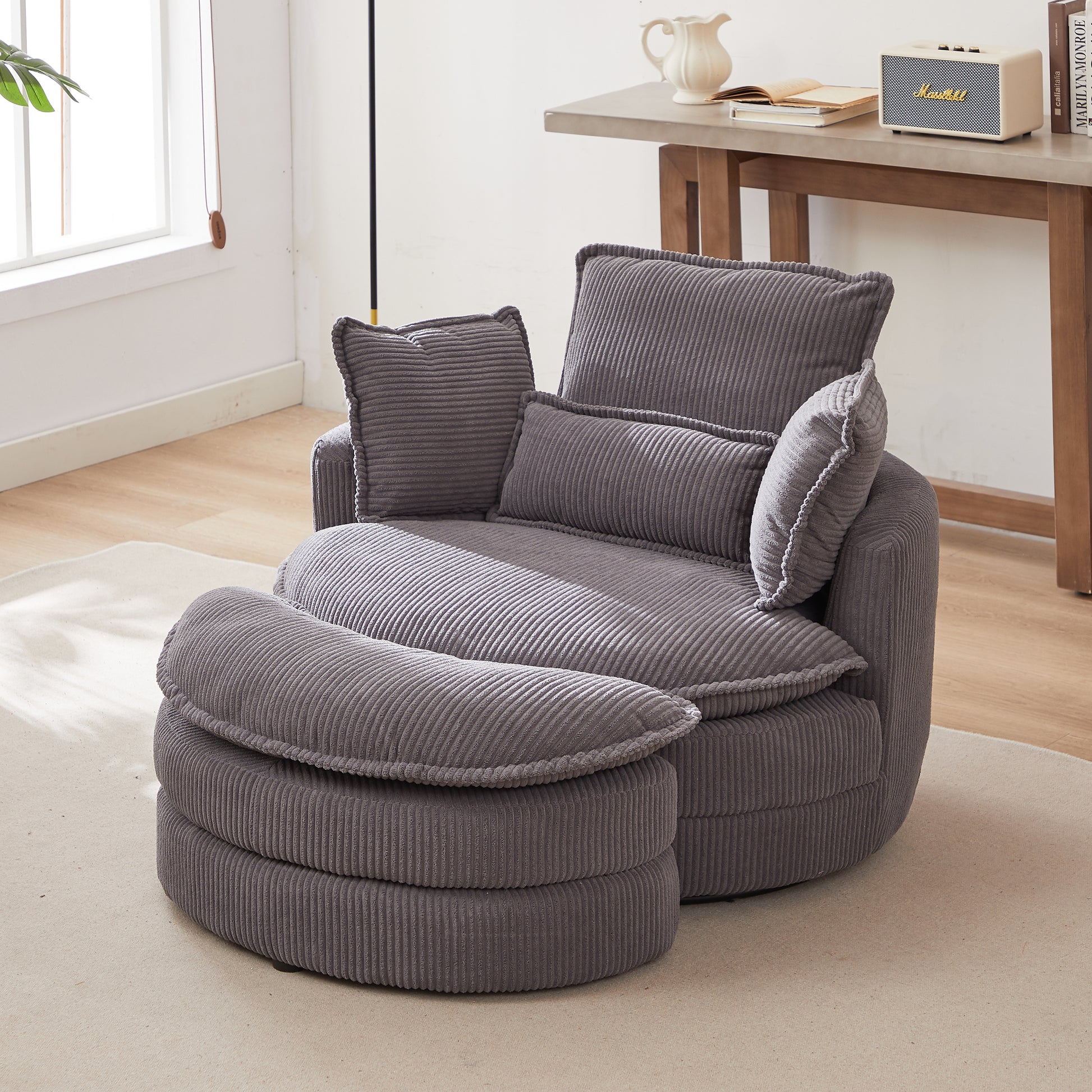 38"W Oversized Swivel Chair With Moon Storage Ottoman For Living Room, Modern Accent Round Loveseat Circle Swivel Barrel Chairs For Bedroom Cuddle Sofa Chair Lounger Armchair, 4 Pillows,Corduroy Grey Foam Corduroy