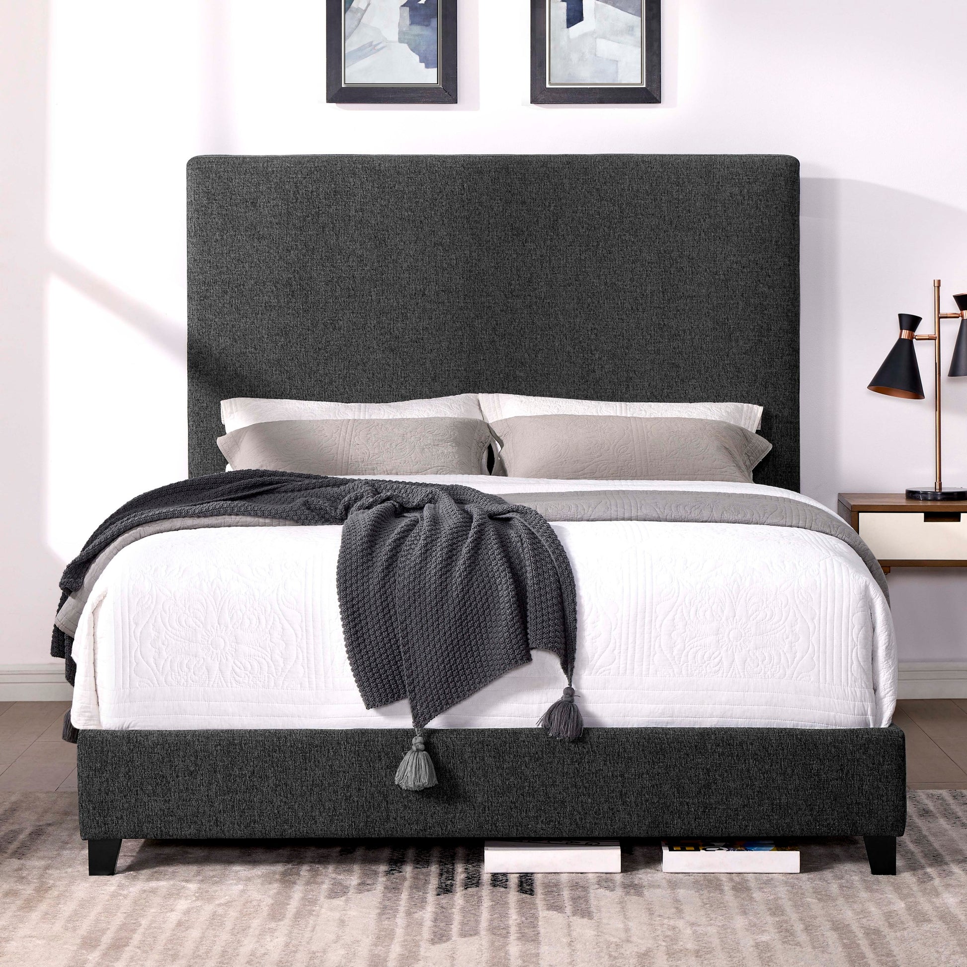 Queen Size Charcoal Grey Upholstered Platform Bed Box Spring Required Queen Grey Wood Bedroom Contemporary,Modern,Transitional Bed Frame Foam Polyester Polyester
