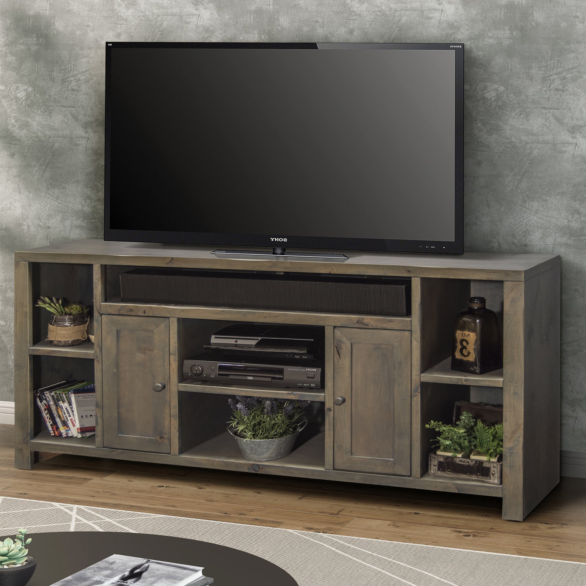 Joshua Creek 64 Inch Tv Stand Console For Tvs Up To 70 Inches, No Assembly Required, Barnwood Finish Brown Brown Primary Living Space 60 69 Inches 70 79 Inches Rustic,Transitional Alder 70 Inches Wood