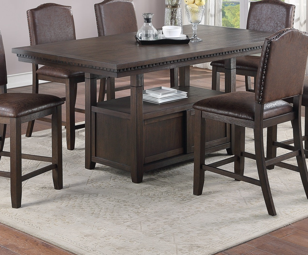 Dining Room Furniture Rustic Espresso Counter Height Table W Storage Base High Chairs 7Pc Counter Ht. Dining Set Rustic Espresso Faux Leather Upholstered Seats Espresso Wood Dining Room Solid Wood Pine Rectangular Dining Table With Chair Upholstered