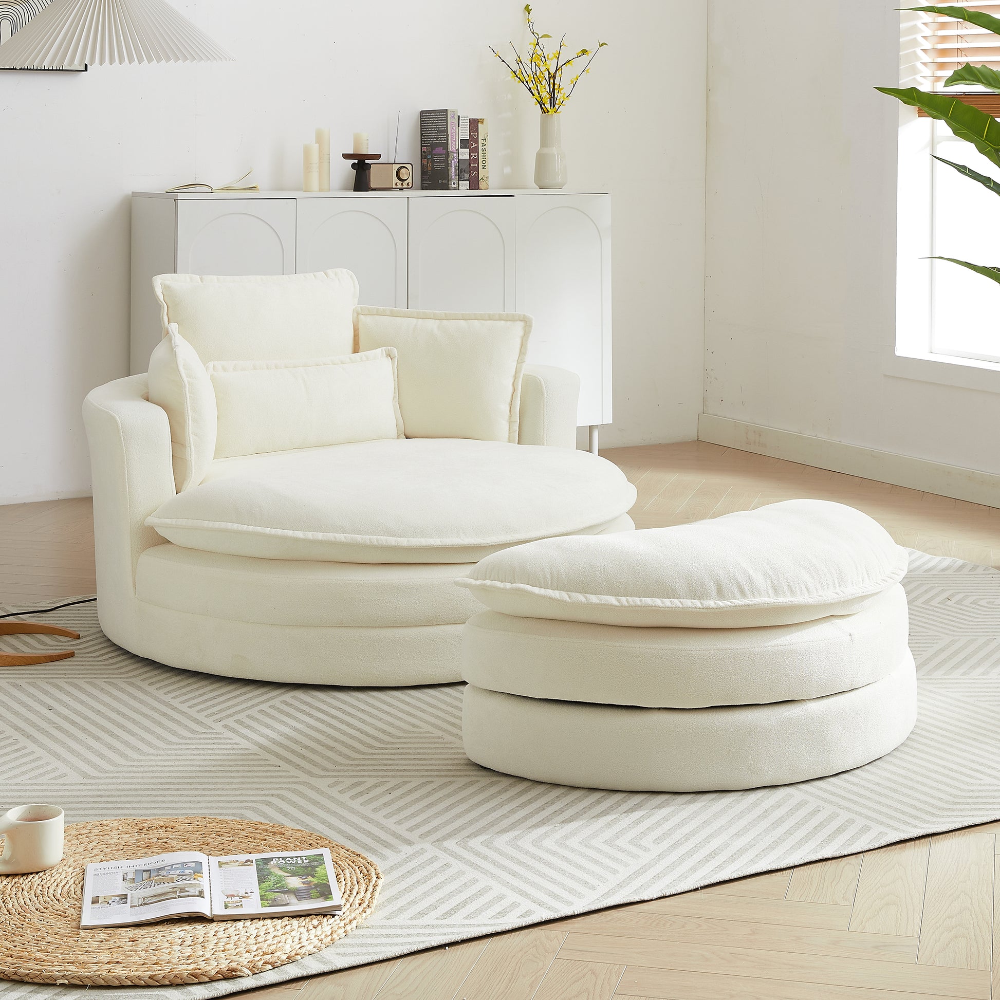 52'Swivel Accent Barrel Modern Beige Sofa Lounge Club Big Round Chair With Storage Ottoman Chenille Fabric For Living Room Hotel With 4 Pillows Beige Foam Chenille