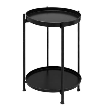 15 Inch Modern Side End Table, Metal Round Tray Top, Foldable Legs, Black Black Iron