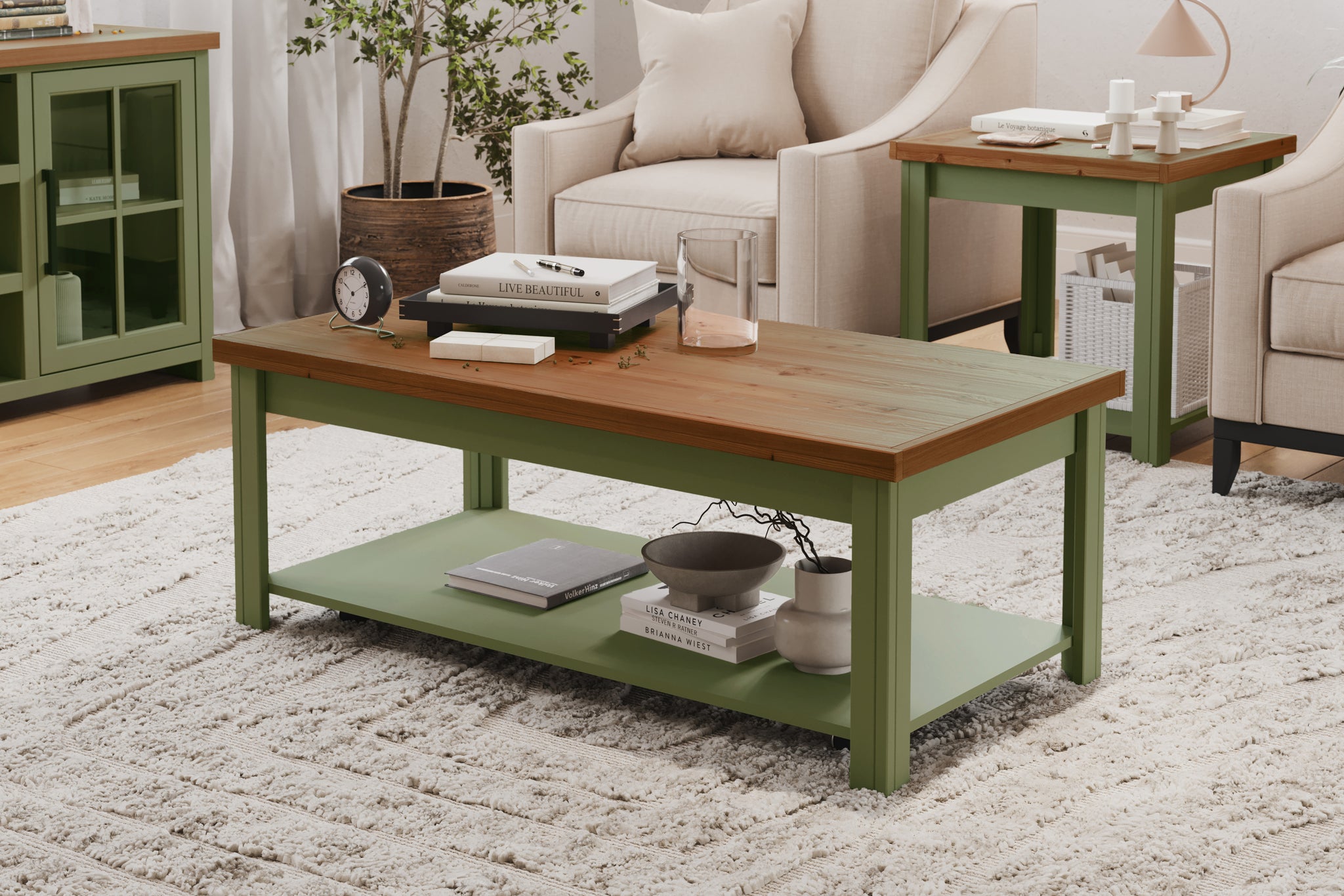 Vineyard 48 Inch Coffee Table, No Assembly Required, Sage Green And Fruitwood Finish Green Casters Or Wheels Primary Living Space Coastal,Farmhouse Freestanding Poplar Rectangular Shelves Coffee & End Tables Wood