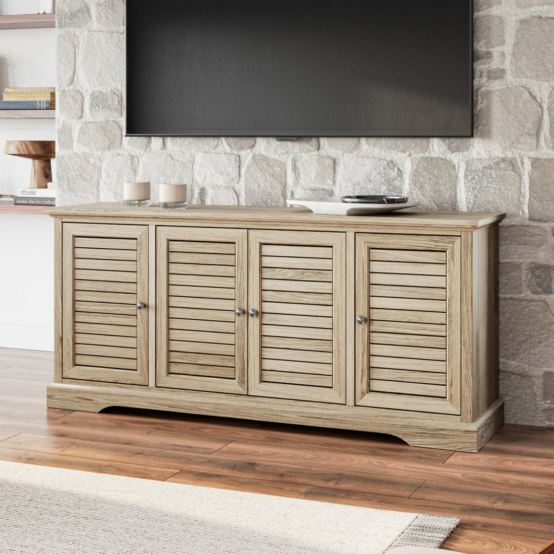 Topanga 68 Inch 4 Door Tv Console For Tvs Up To 80 Inches, No Assembly Required, Alabaster Finish Beige Primary Living Space 70 79 Inches 70 79 Inches Coastal,Rustic,Transitional Oak 75 Inches Wood