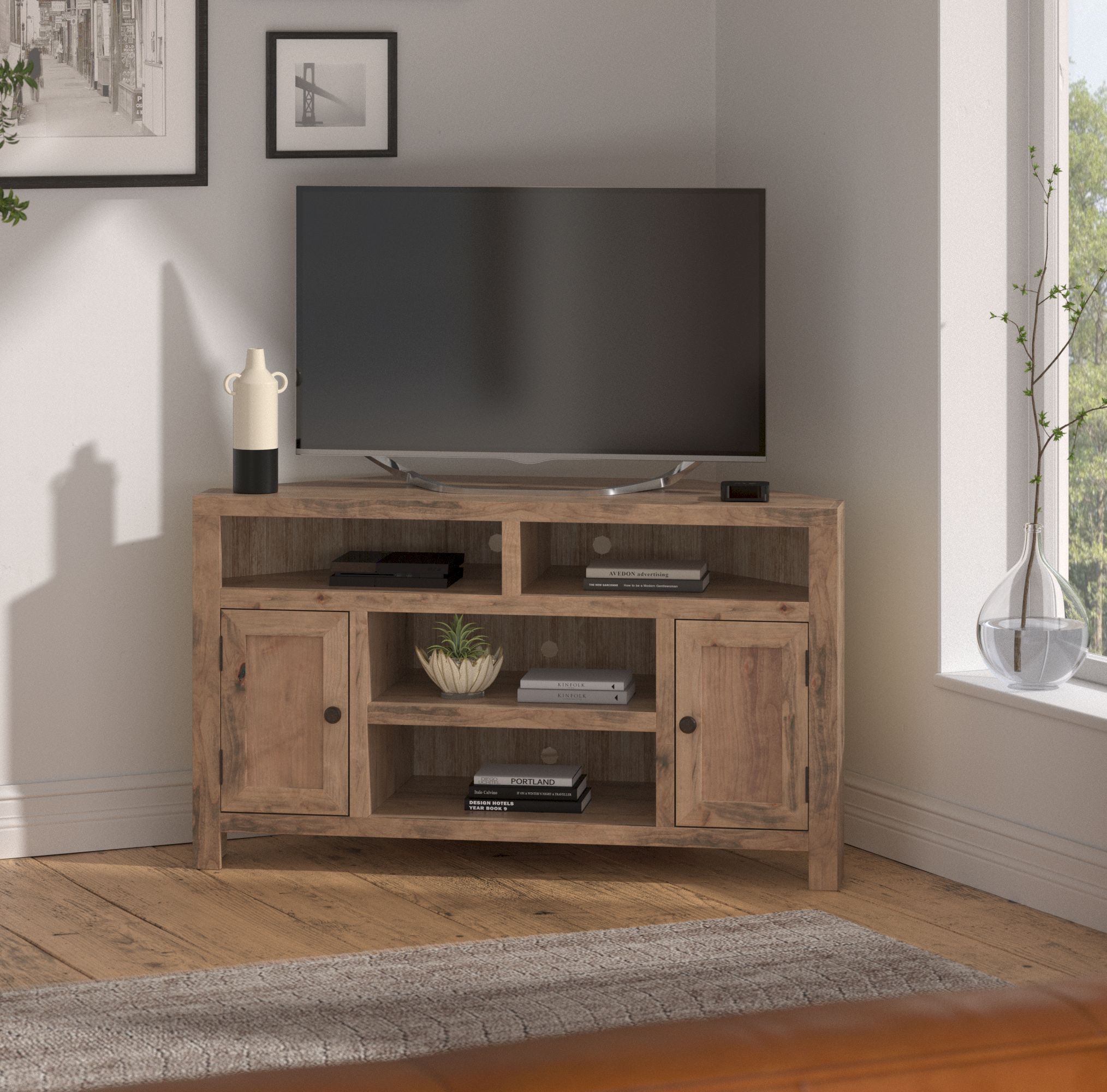 Joshua Creek 52 Inch Corner Tv Stand For Tvs Up To 55 Inches, No Assembly Required, Barnwood Finish Brown Brown Primary Living Space 50 59 Inches 50 59 Inches Rustic,Transitional Alder 55 Inches Wood