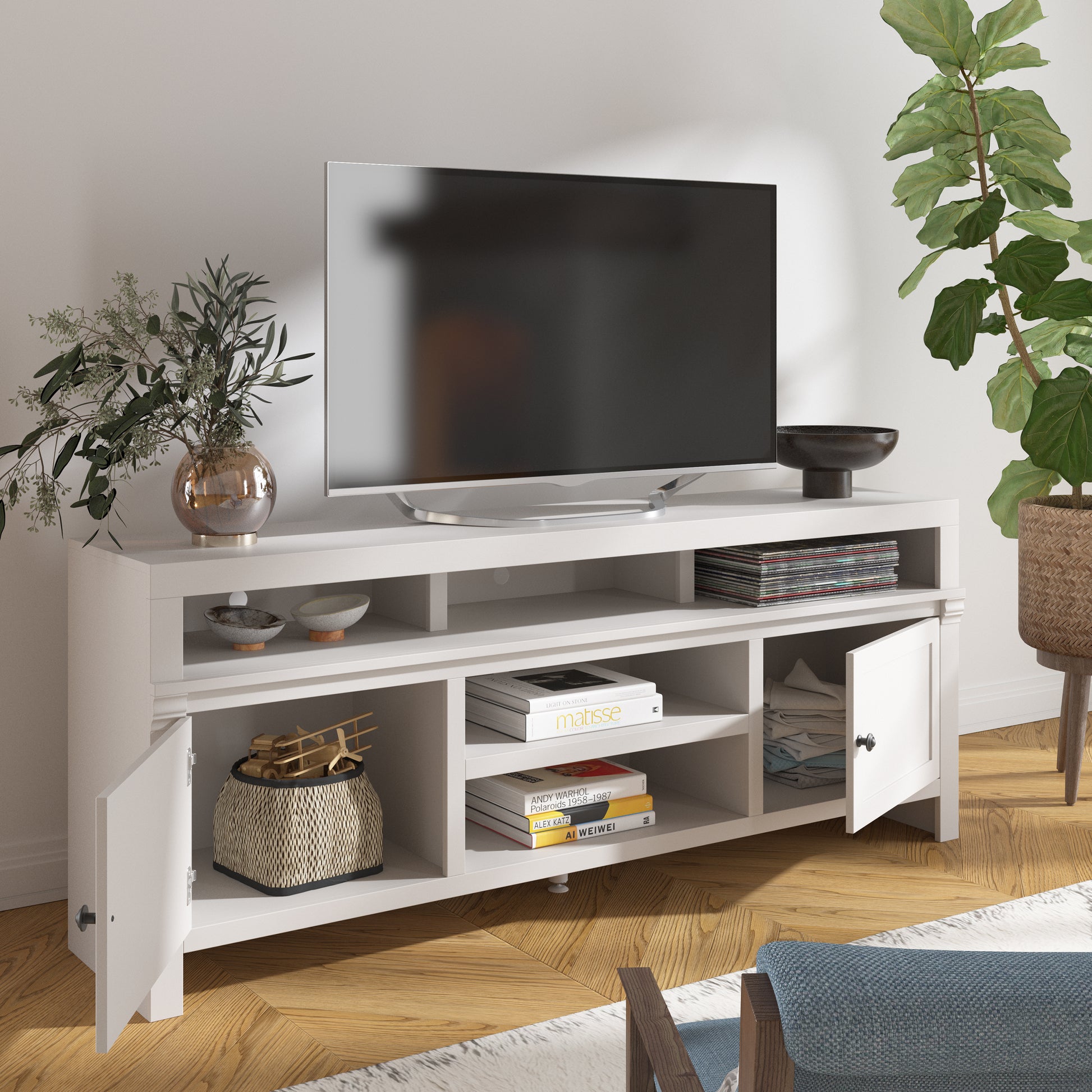 Modern 75 Inch Tv Stand Conosle For Tvs 85 Inches, No Assembly Required, White Finish White White Primary Living Space 75 Inches 80 89 Inches Contemporary,Modern Poplar 85 Inches Wood