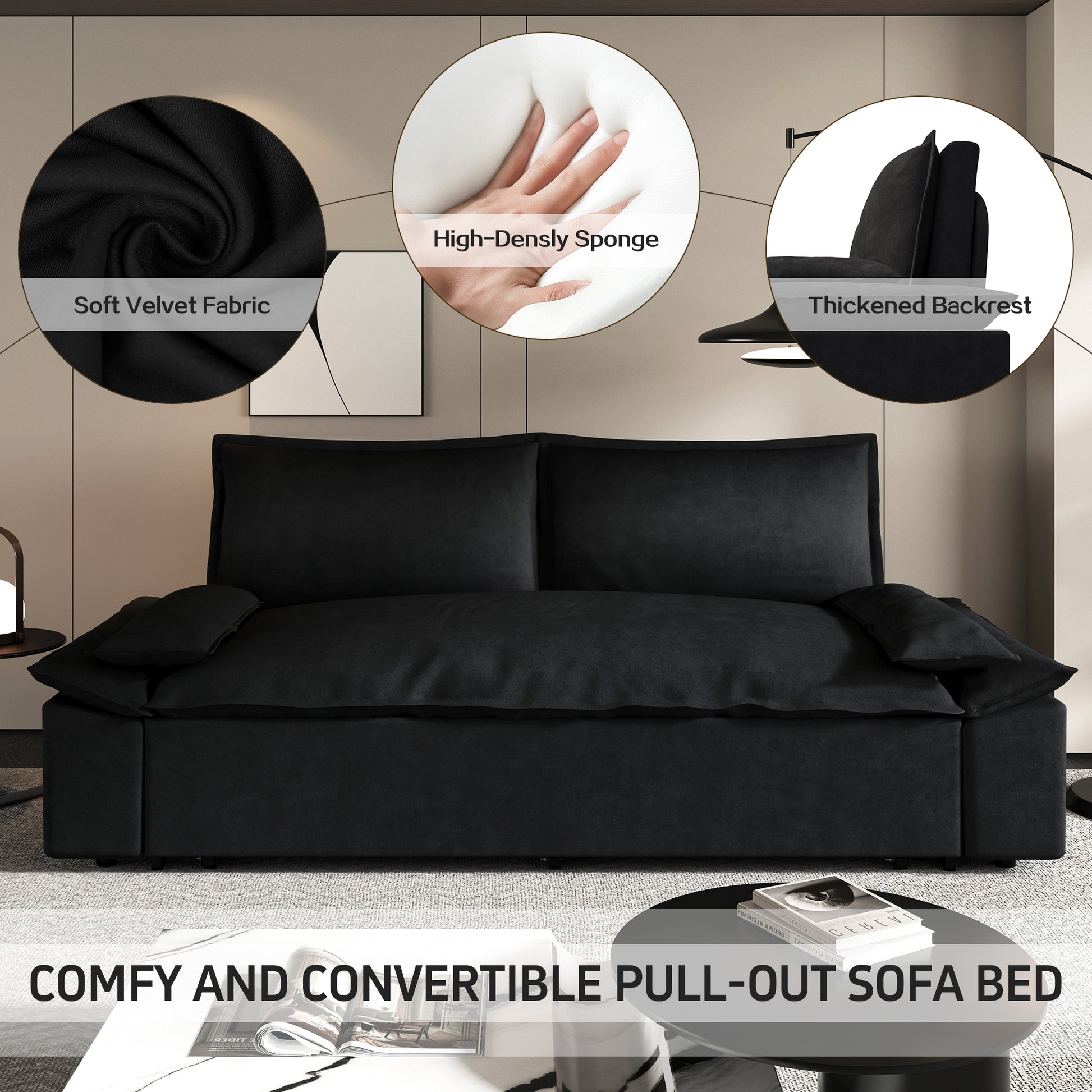 70.1" Queen Pull Out Sofa Bed, 3 In 1 Convertible Sleeper Sofa With 2 Soft Pillows,Multi Functional Velvet Loveseat Bed,Black Old Sku:W1885P151425 Black Velvet Velvet 2 Seat