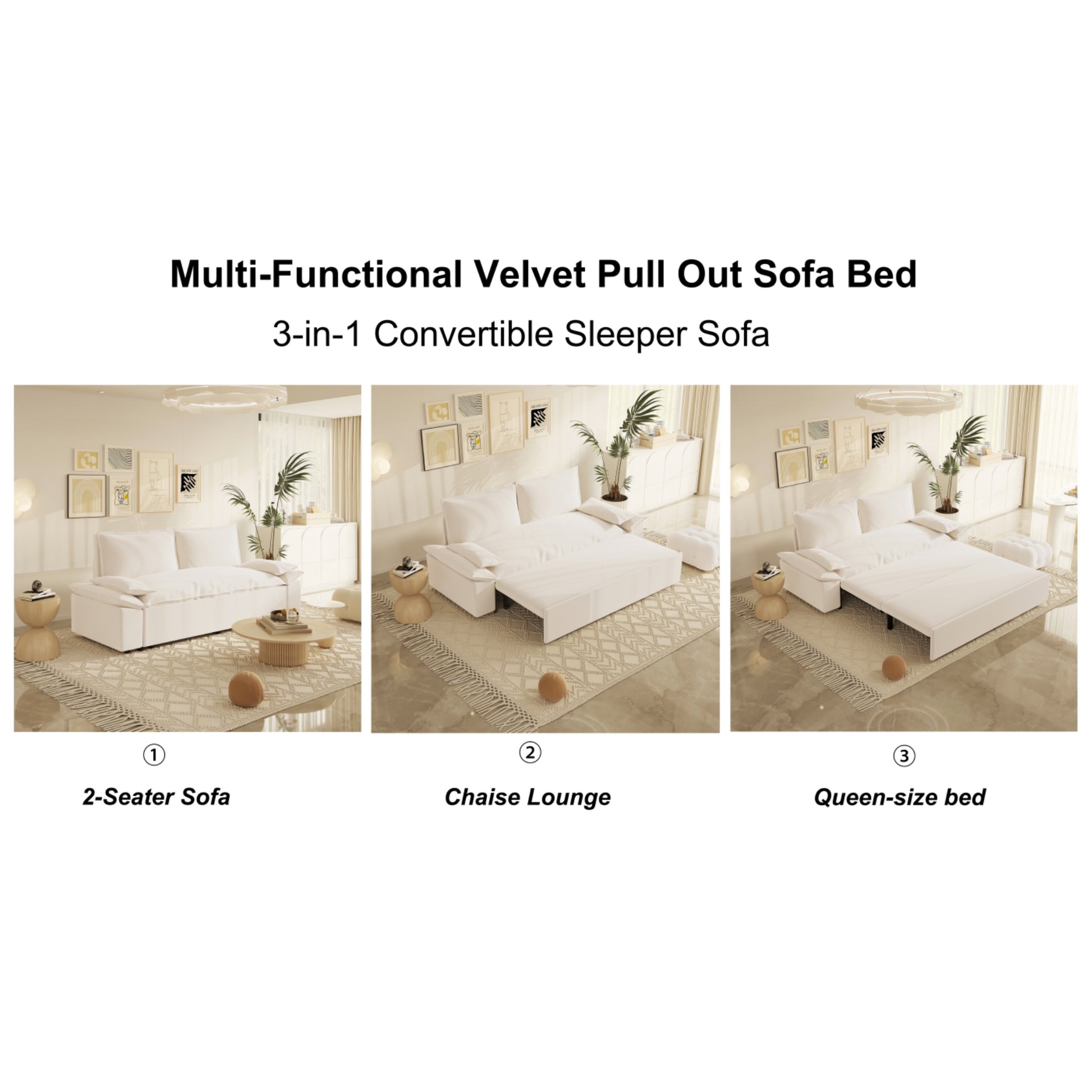 70.1" Queen Pull Out Sofa Bed, 3 In 1 Convertible Sleeper Sofa With 2 Soft Pillows,Multi Functional Velvet Loveseat Bed,Beige Old Sku:W1885134131 Beige Velvet 2 Seat