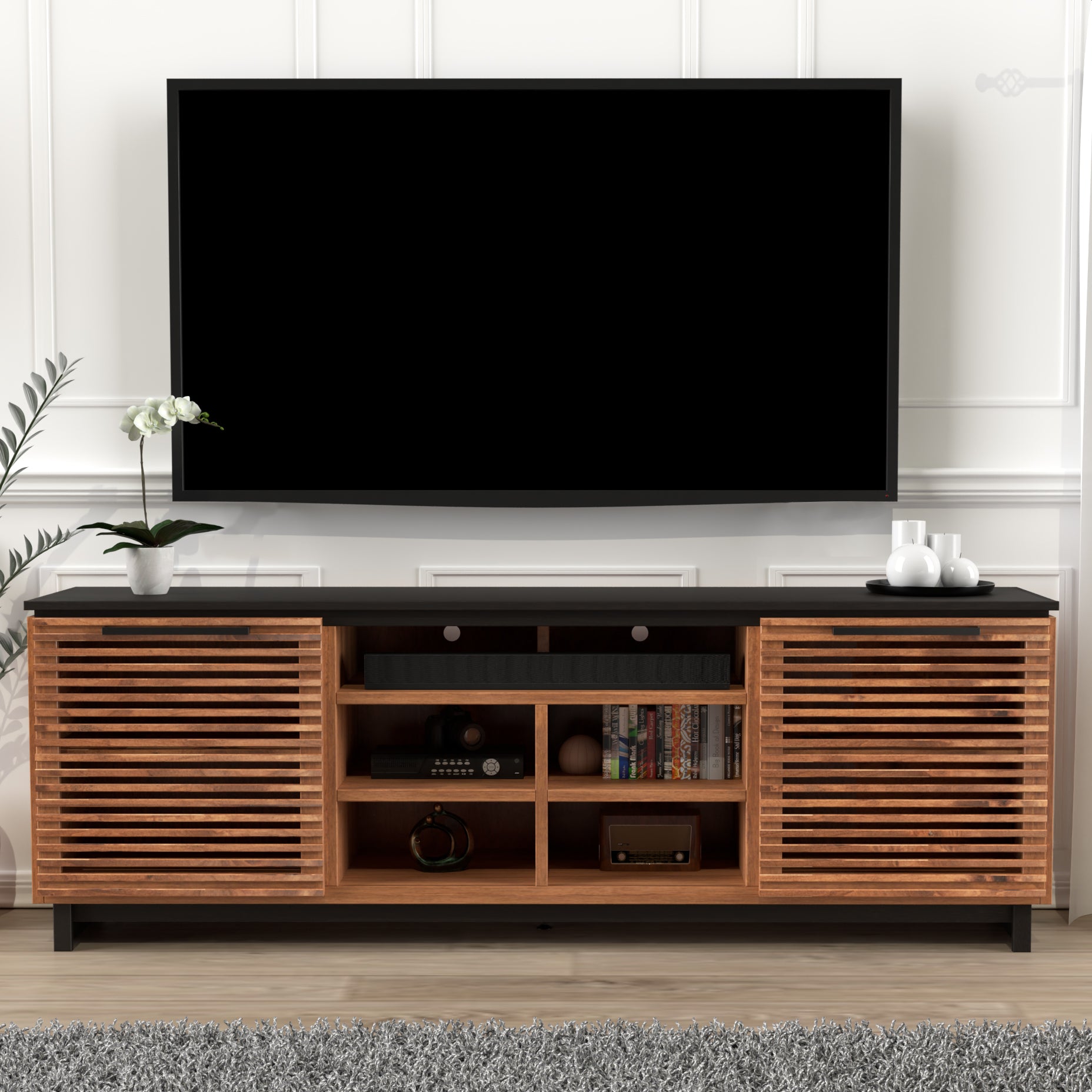 Graceland 85 Inch Tv Stand Console For Tvs Up To 95 Inches, No Assembly Required, Black With Bourbon Finish Brown Brown Primary Living Space 80 89 Inches 90 Inches Or Larger Contemporary,Modern,Scandinavian Poplar 85 Inches Wood