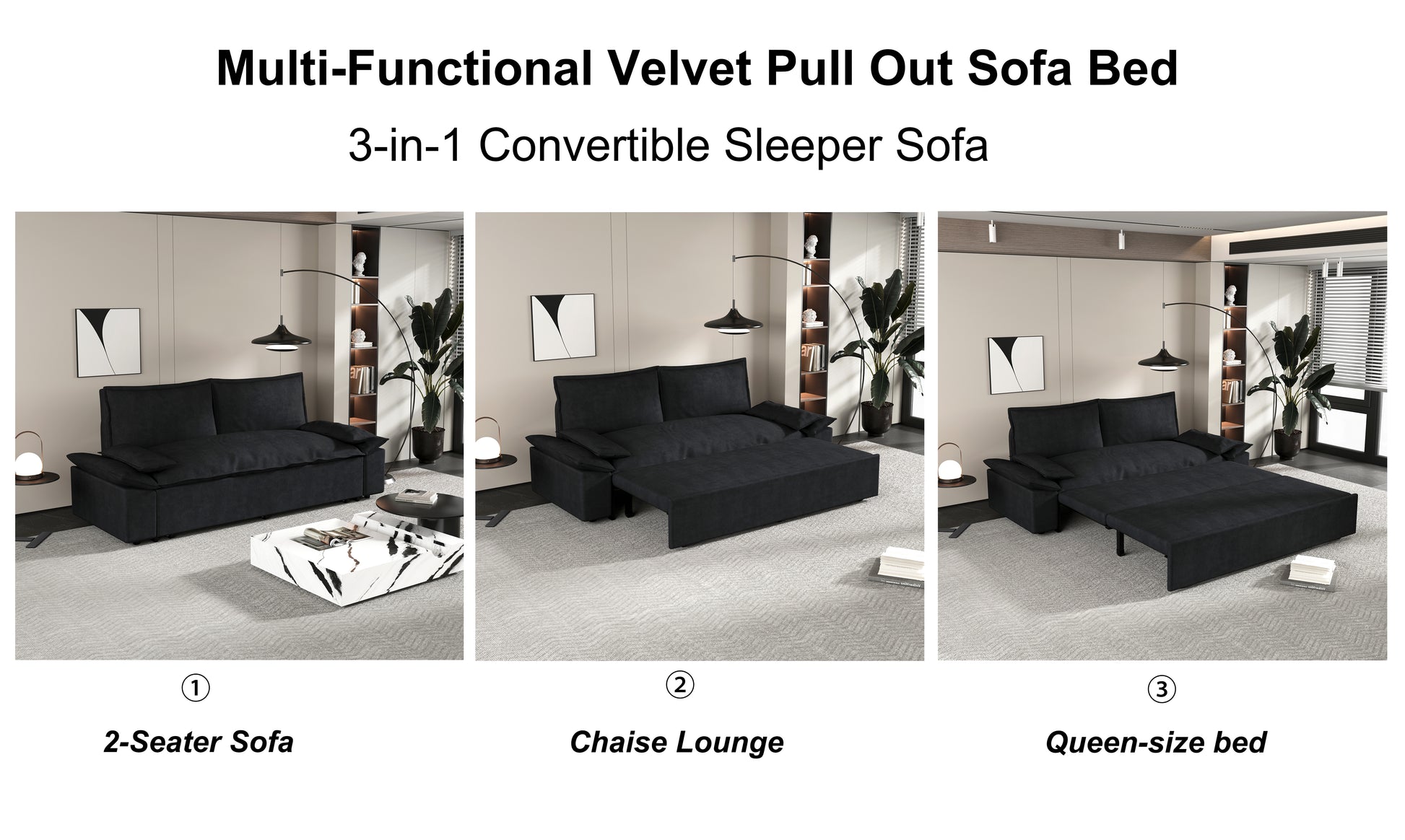 70.1" Queen Pull Out Sofa Bed, 3 In 1 Convertible Sleeper Sofa With 2 Soft Pillows,Multi Functional Velvet Loveseat Bed,Black Old Sku:W1885P151425 Black Velvet Velvet 2 Seat