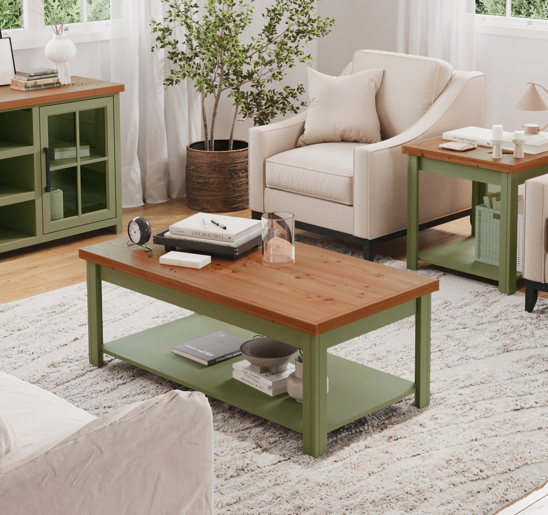 Vineyard 48 Inch Coffee Table, No Assembly Required, Sage Green And Fruitwood Finish Green Casters Or Wheels Primary Living Space Coastal,Farmhouse Freestanding Poplar Rectangular Shelves Coffee & End Tables Wood