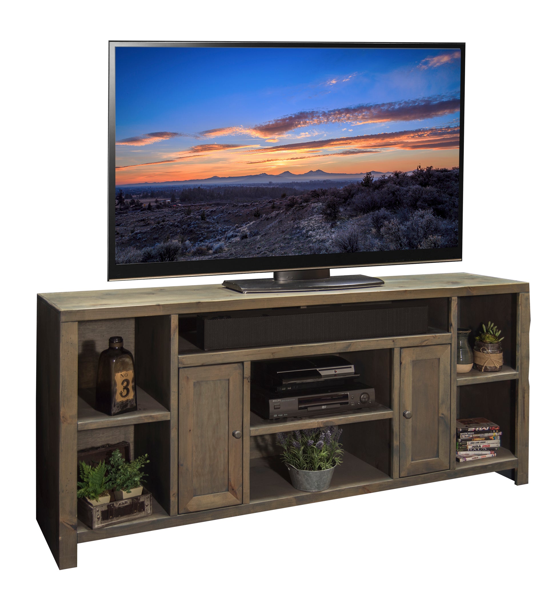 Joshua Creek 74 Inch Tv Stand Console For Tvs Up To 85 Inches, No Assembly Required, Barnwood Finish Brown Brown Primary Living Space 70 79 Inches 80 89 Inches Rustic,Transitional Alder 85 Inches Wood