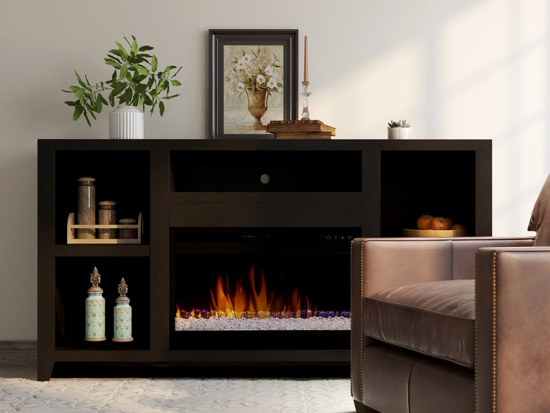 Urban Loft 62 Inch Electric Fireplace Tv Console For Tvs Up To 70 Inches, Minimal Assembly, Mocha Finish Electric Espresso Primary Living Space Poplar Yes Insert Electric Up To 40 No Brown 400 Vent Free Contemporary,Modern Wood