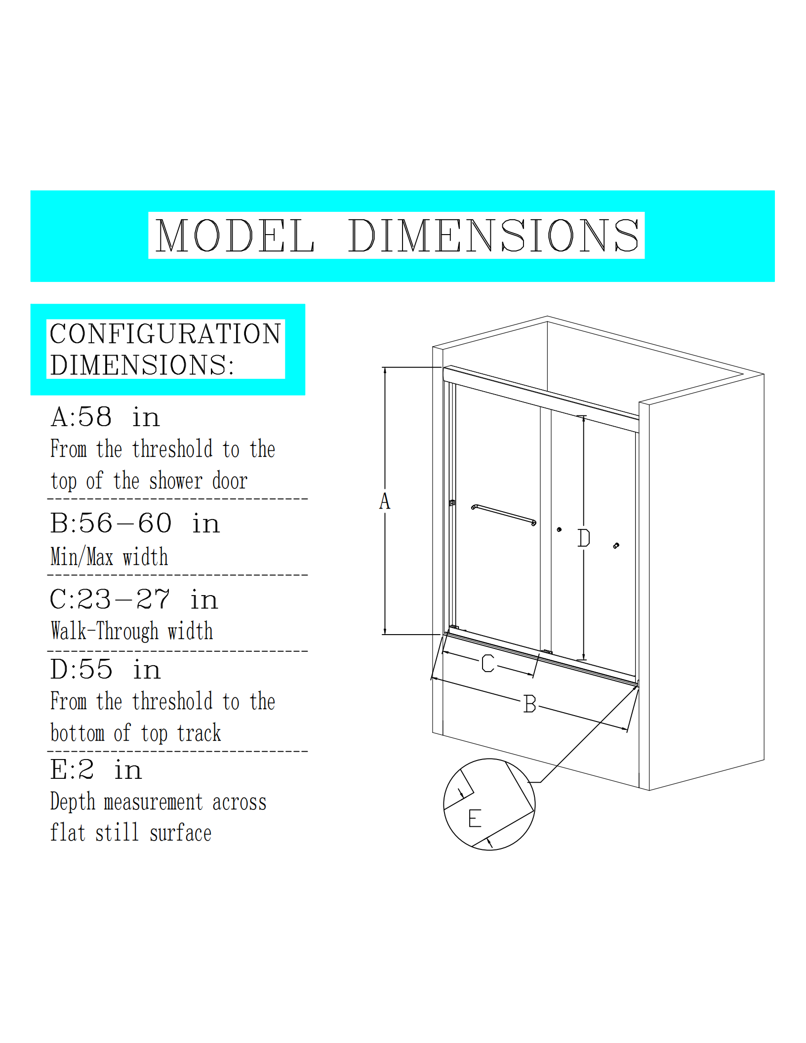 56" 60"W*58" H Semi Frameless Double Sliding Tub Door, Bypass Bathtub Shower, 1 4" 6Mm Thick Sgcc Tempered Glass Door, Matte Black Black Glass Metal