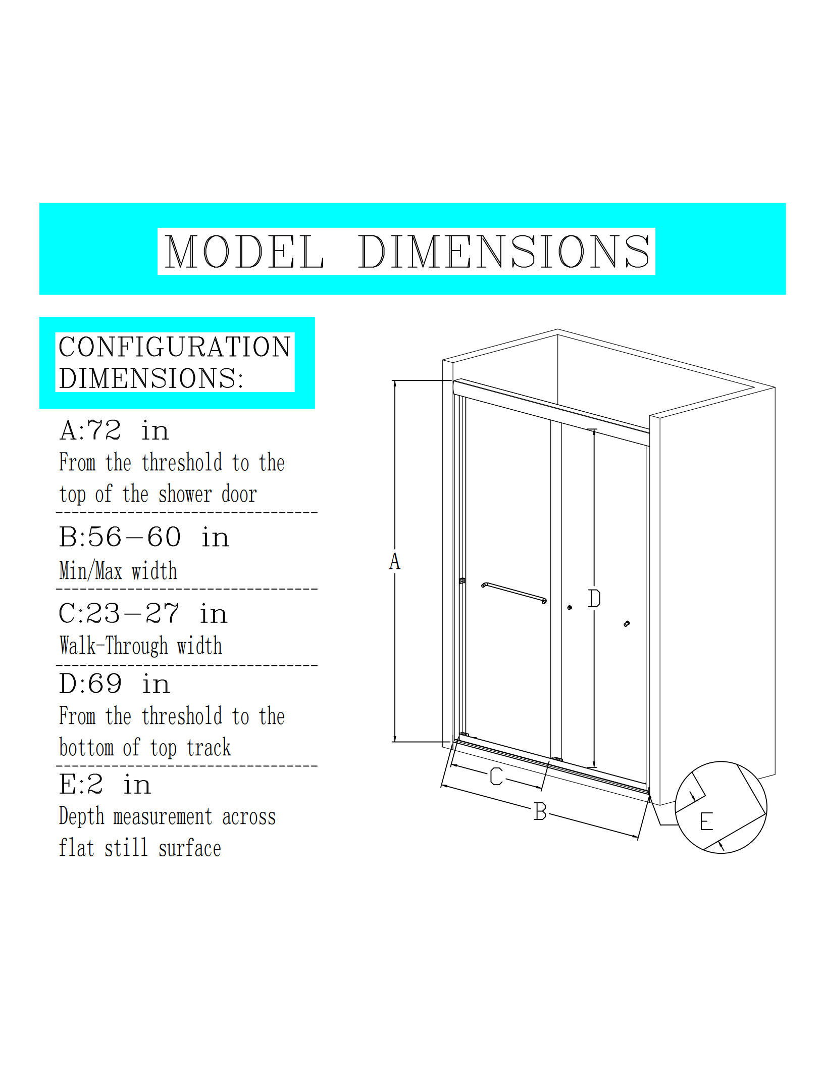 56" 60"W*72" H Semi Frameless Double Sliding Shower Door, Bypass Shower Door, 1 4" 6Mm Thick Sgcc Tempered Glass Door, Matte Black Black Glass Metal