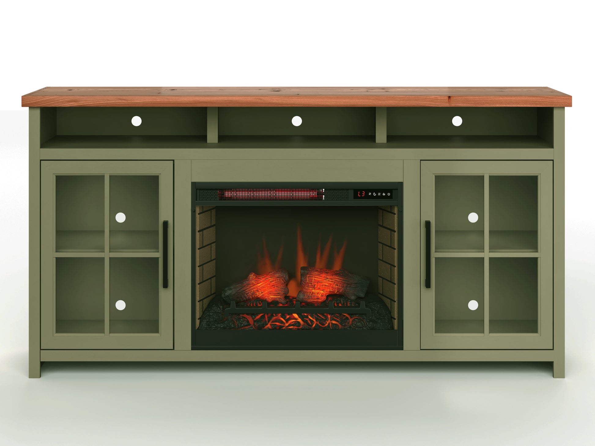 Vineyard 74 Inch Fireplace Tv Stand Console For Tvs Up To 85 Inches, Minimal Assembly, Sage Green And Fruitwood Finish Up To 40 Electric No Green 400 Vent Free Primary Living Space Coastal,Farmhouse Poplar Yes Insert Wood Electric