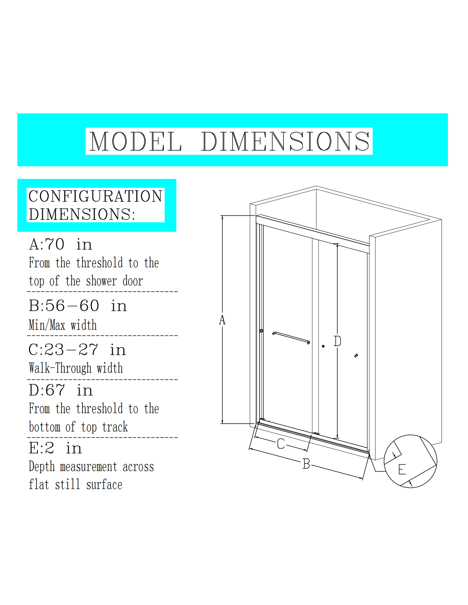 56" 60"W*70" H Semi Frameless Double Sliding Shower Door, Bypass Shower Door, 1 4" 6Mm Thick Sgcc Tempered Glass Door, Chrome Chrome Glass Metal