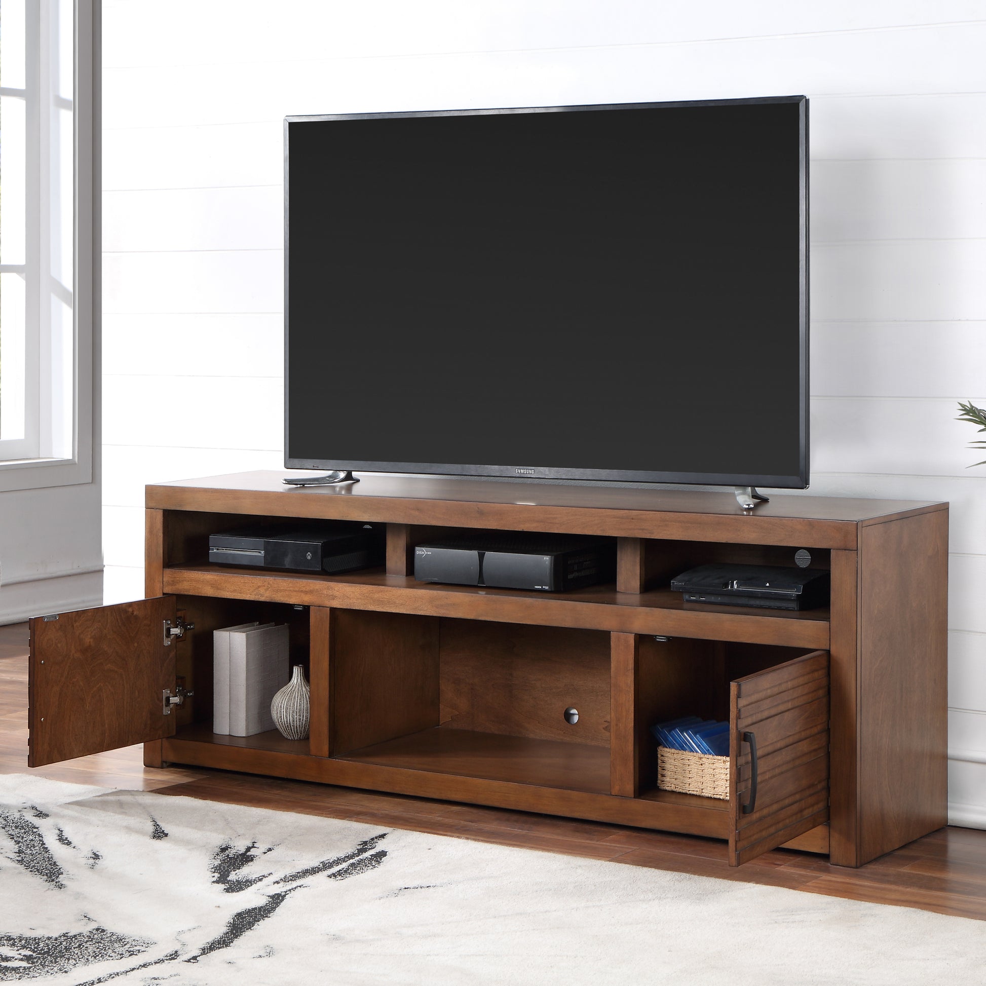 Sausalito 72 Inch Tv Stand Console For Tvs Up To 85 Inches, No Assembly Required, Whiskey Finish Brown Brown Primary Living Space 80 89 Inches 80 89 Inches Lodge,Rustic,Transitional Alder 85 Inches Wood