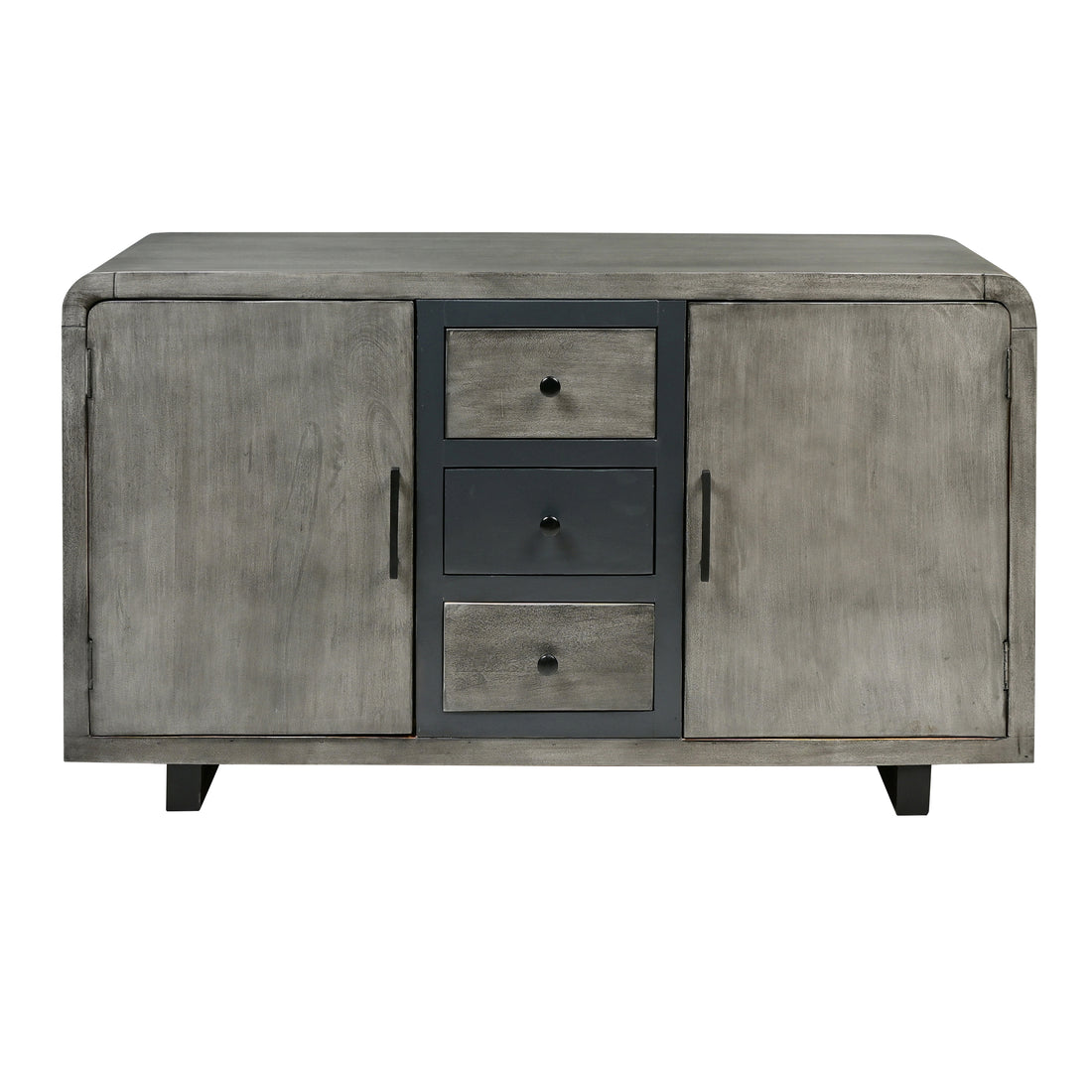 55 Inch Industrial Style Sideboard Console With 2 Cabinets, Iron Handles, Matte Gray Mango Wood Gray Metal & Wood