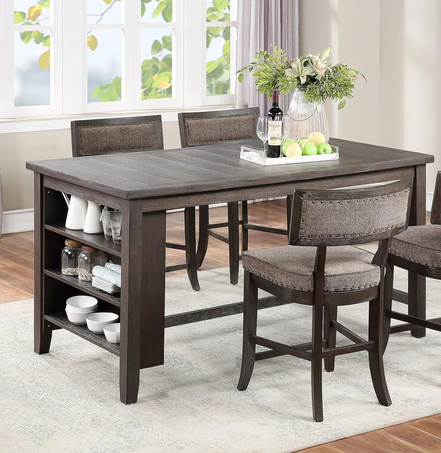 Dining Room Furniture Counter Height Dining Table W Side Shelves Rustic Espresso 5Pc Dining Set Table And 4X High Chairs Unique Design Back Wood Wood Espresso Seats 4 Espresso Wood Dining Room Solid Wood Contemporary,Modern,Transitional Rubberwood