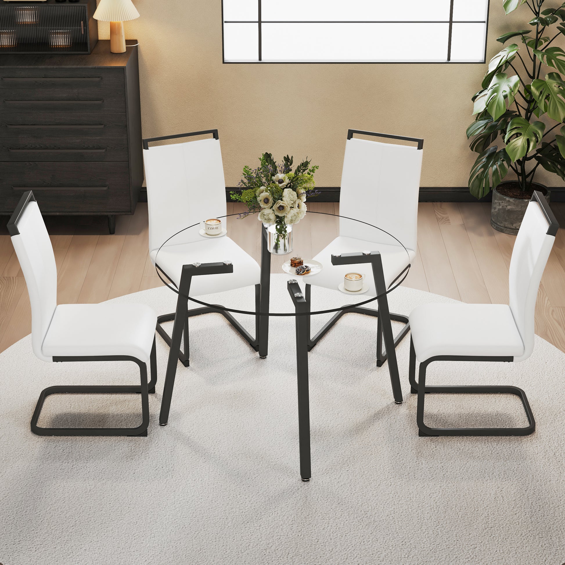 Modern Simple Style Round Transparent Tempered Glass Table, Black Metal Legs, 4 Modern Pu Leather High Backrest Cushioned Side Chairs, C Tube Chrome Legs Drt 1123R C 1162 Transparent Glass