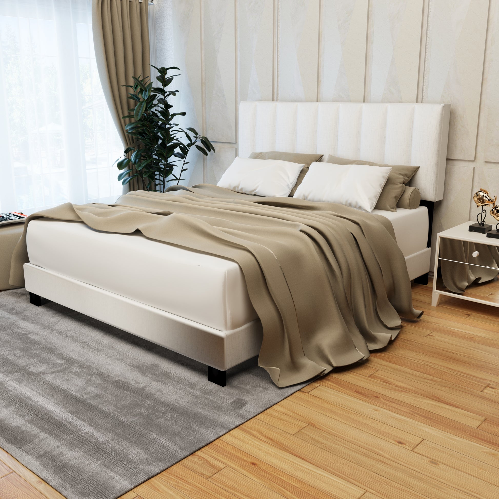 White Queen Size Upholstered Bed Frame With Adjustable Headboard, Chenille Fabric, Clean White Style Modern Popular Style Suitable For Any Room Designs Box Spring Not Required Queen White Wood Espresso Bedroom American Design,British,Contemporary,Modern