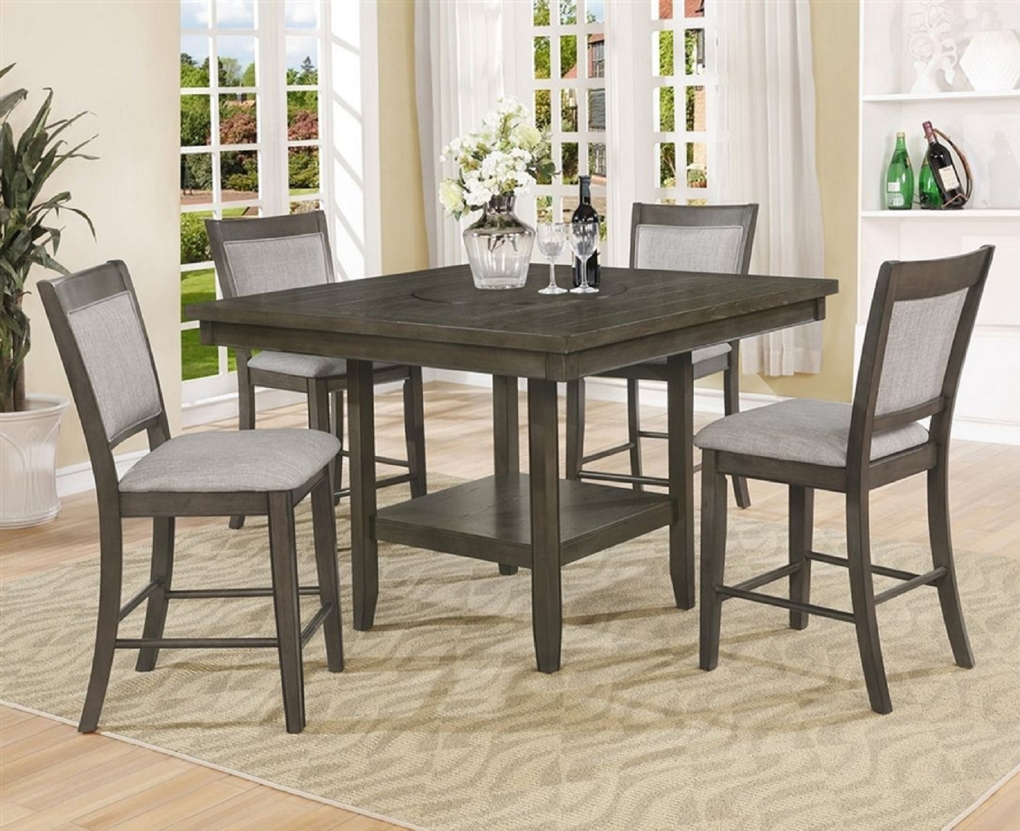 5pc Dining Set Contemporary Farmhouse Style Counter upholstered chair-wood-gray-seats 4-wood-dining