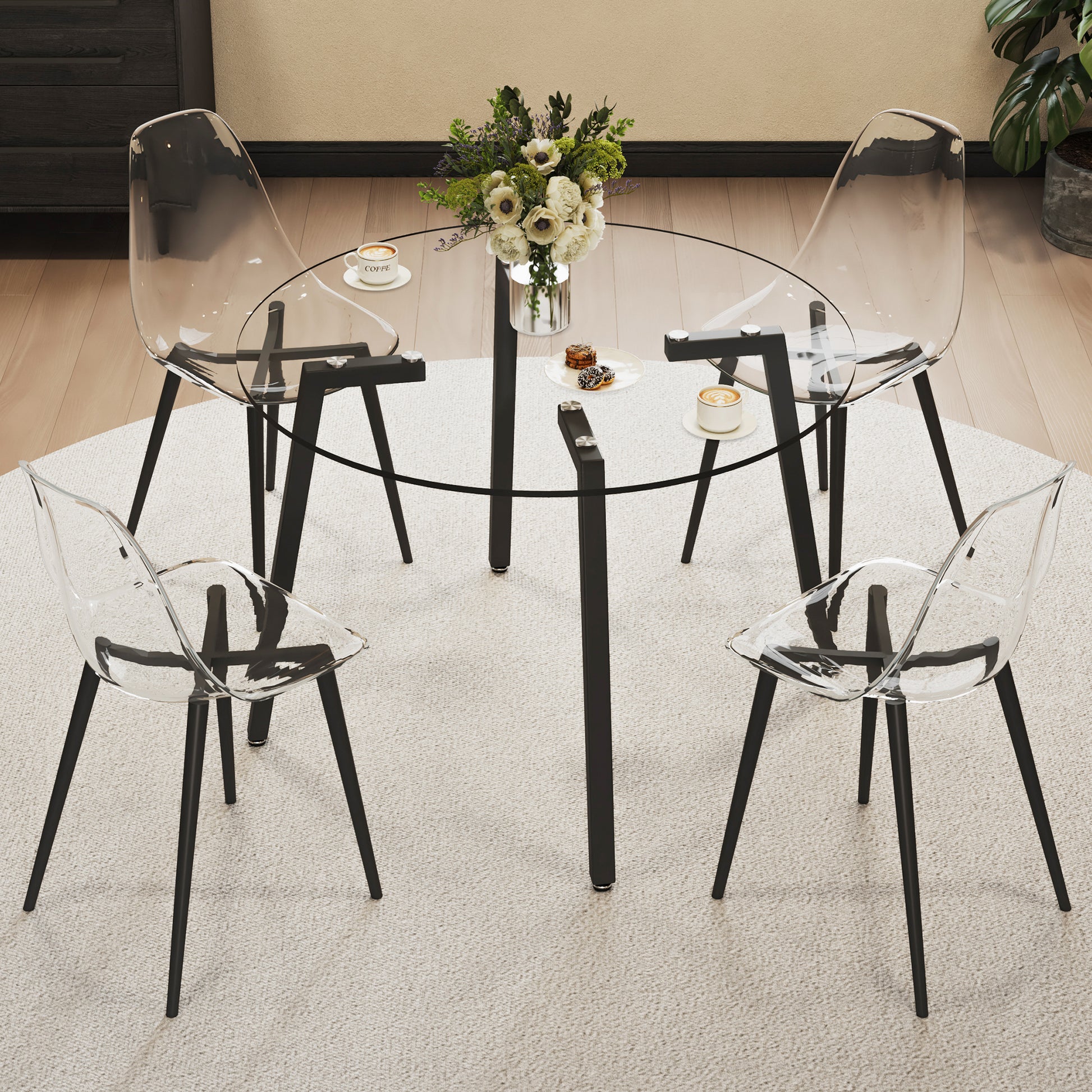 Modern Simple Style Round Transparent Tempered Glass Table, Black Metal Legs, 4 Piece Set Of Modern Minimalist Transparent Dining Chairs With Black Metal Legs, Drt 1123R Tw 1200 Transparent Glass