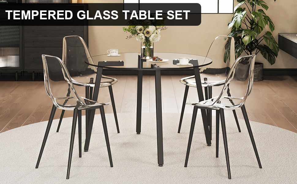 Modern Simple Style Round Transparent Tempered Glass Table, Black Metal Legs, 4 Piece Set Of Modern Minimalist Transparent Dining Chairs With Black Metal Legs, Drt 1123R Tw 1200 Transparent Glass