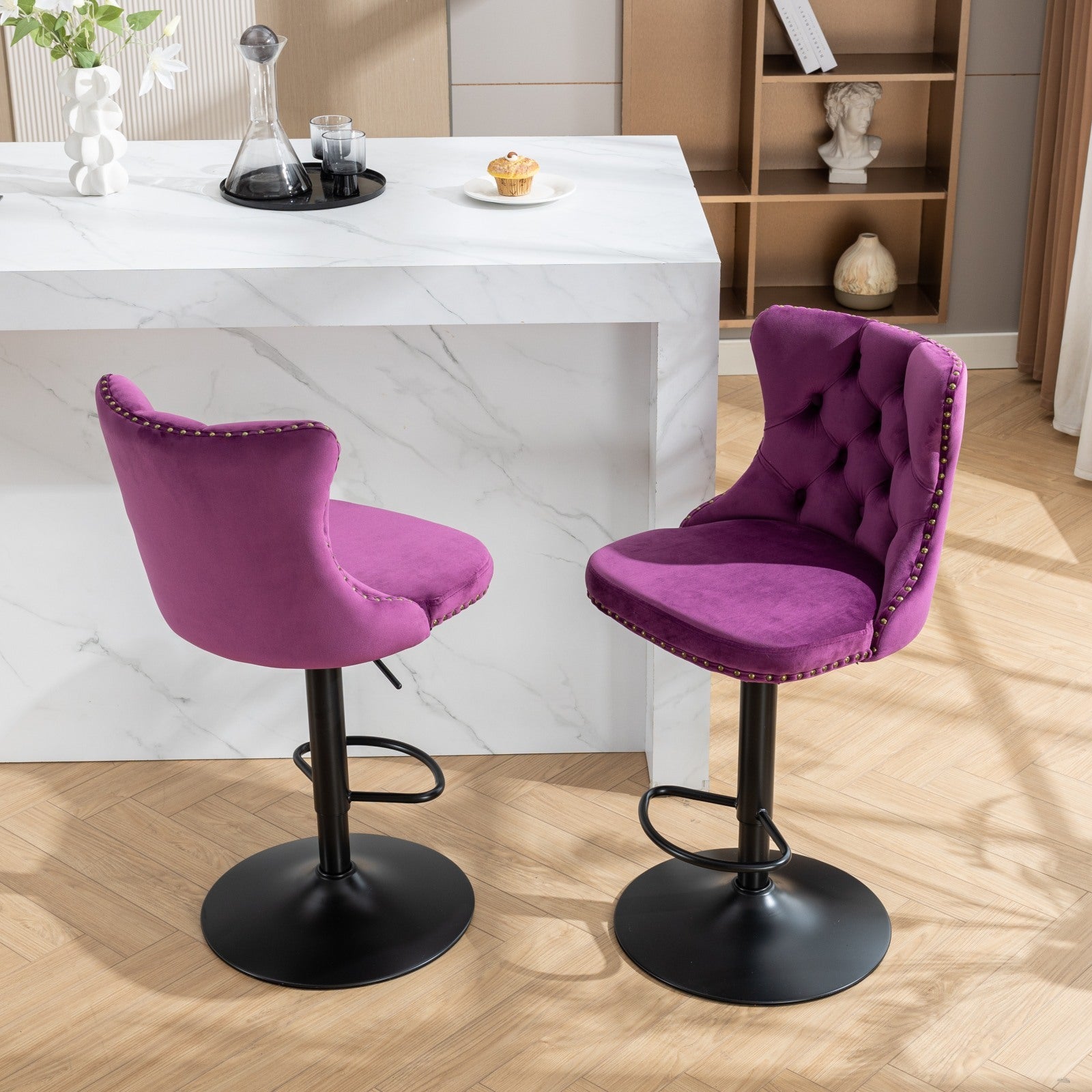 Swivel Velvet Barstools Adjusatble Seat Height From 25 33 Inch,17.7Inch Base, Modern Upholstered Bar Stools With Backs Comfortable Tufted For Home Pub And Kitchen Island,Purple,Set Of 2,Sw1812Pp Purple American Design Foam Velvet