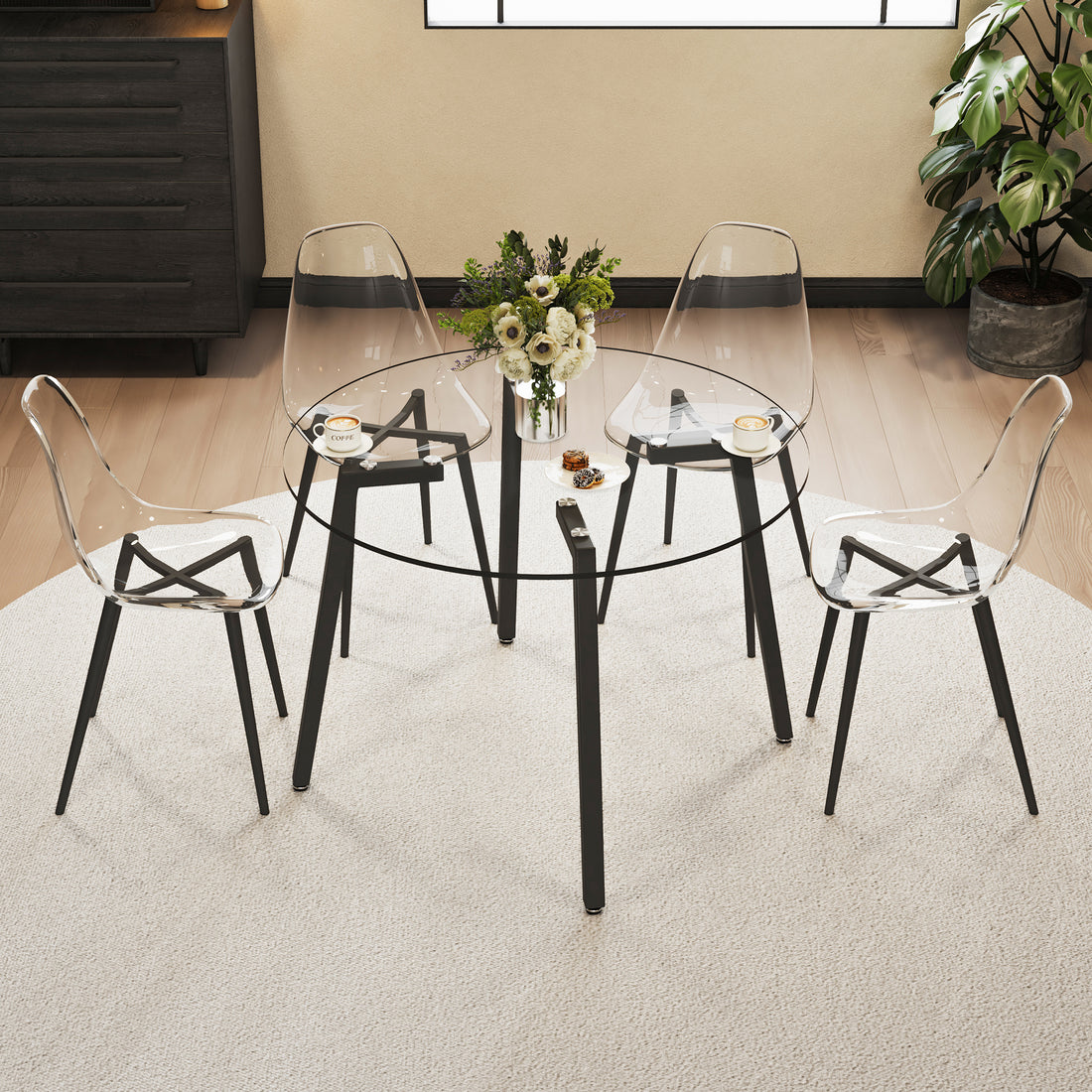 Modern Simple Style Round Transparent Tempered Glass Table, Black Metal Legs, 4 Piece Set Of Modern Minimalist Transparent Dining Chairs With Black Metal Legs, Drt 1123R Tw 1200 Transparent Glass