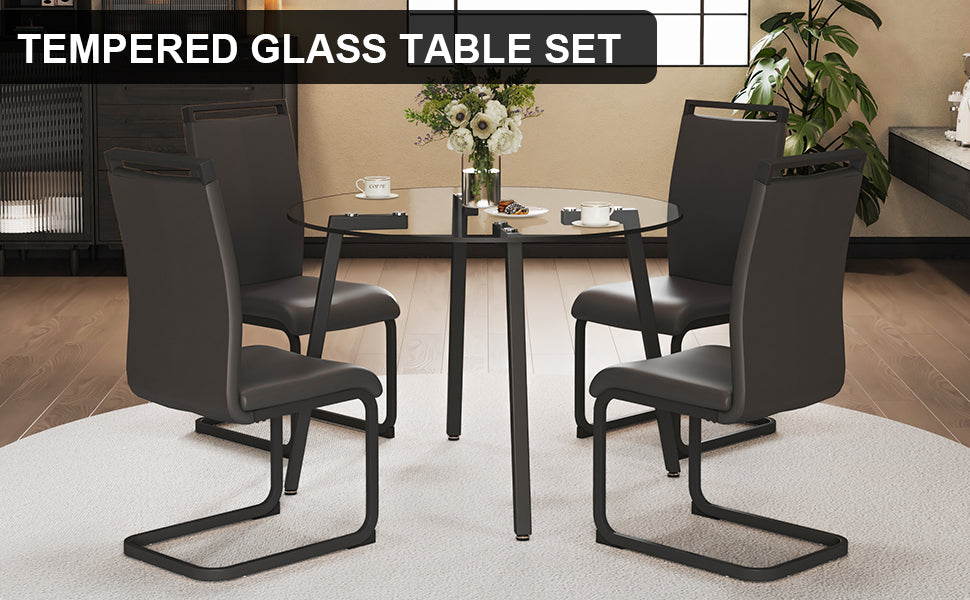 Modern Simple Style Round Transparent Tempered Glass Table, Black Metal Legs, 4 Modern Pu Leather High Backrest Cushioned Side Chairs, C Tube Chrome Legs Drt 1123R C 1162 Transparent Glass