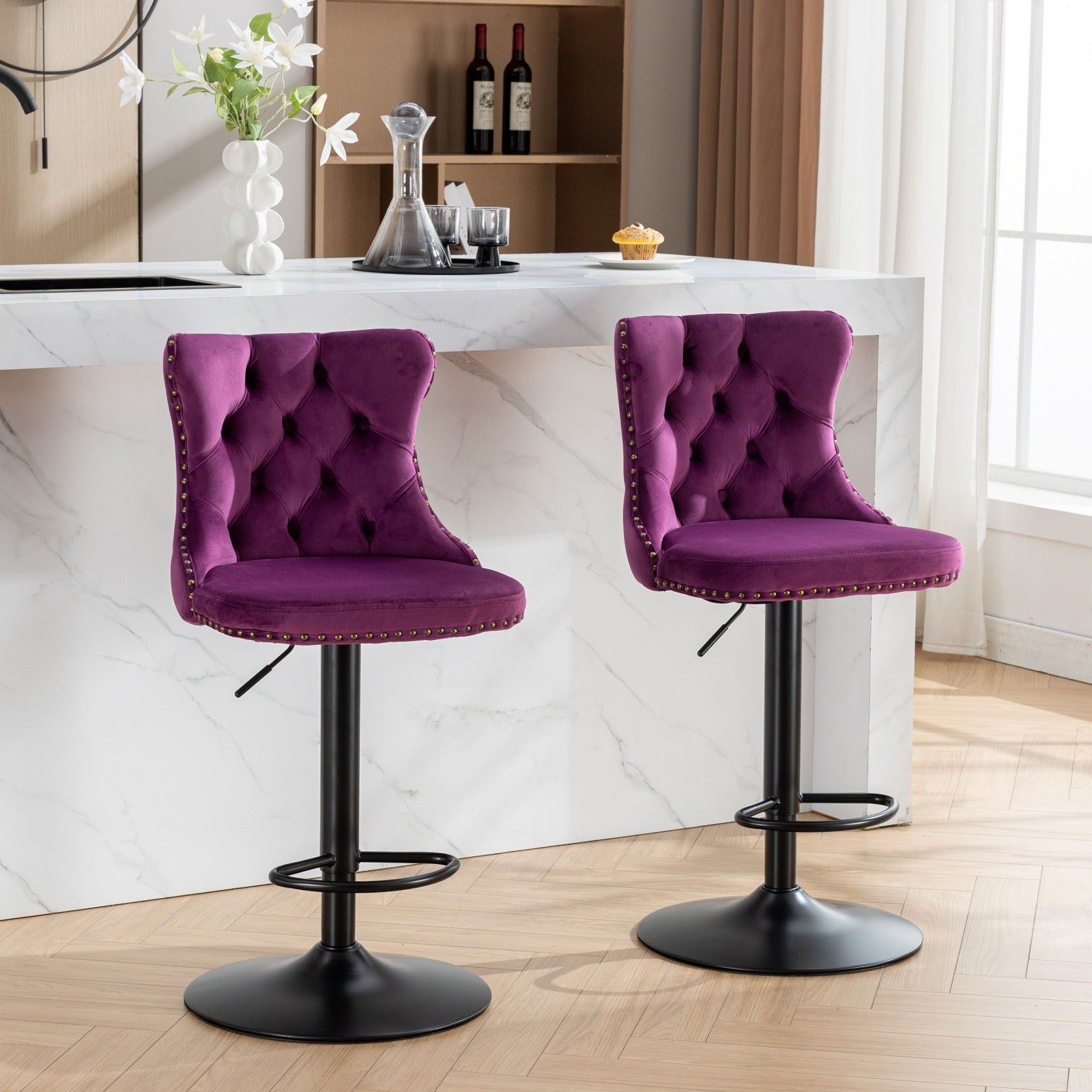 Swivel Velvet Barstools Adjusatble Seat Height From 25 33 Inch,17.7Inch Base, Modern Upholstered Bar Stools With Backs Comfortable Tufted For Home Pub And Kitchen Island,Purple,Set Of 2,Sw1812Pp Purple American Design Foam Velvet