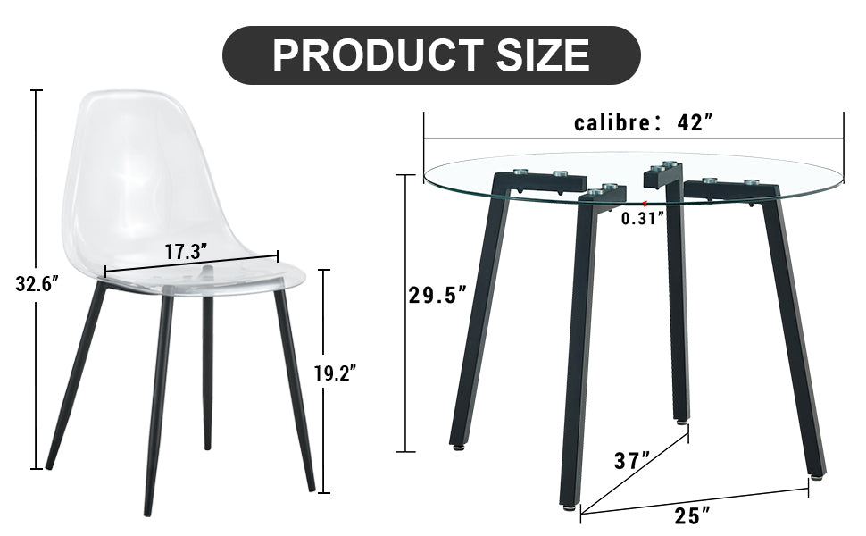 Modern Simple Style Round Transparent Tempered Glass Table, Black Metal Legs, 4 Piece Set Of Modern Minimalist Transparent Dining Chairs With Black Metal Legs, Drt 1123R Tw 1200 Transparent Glass