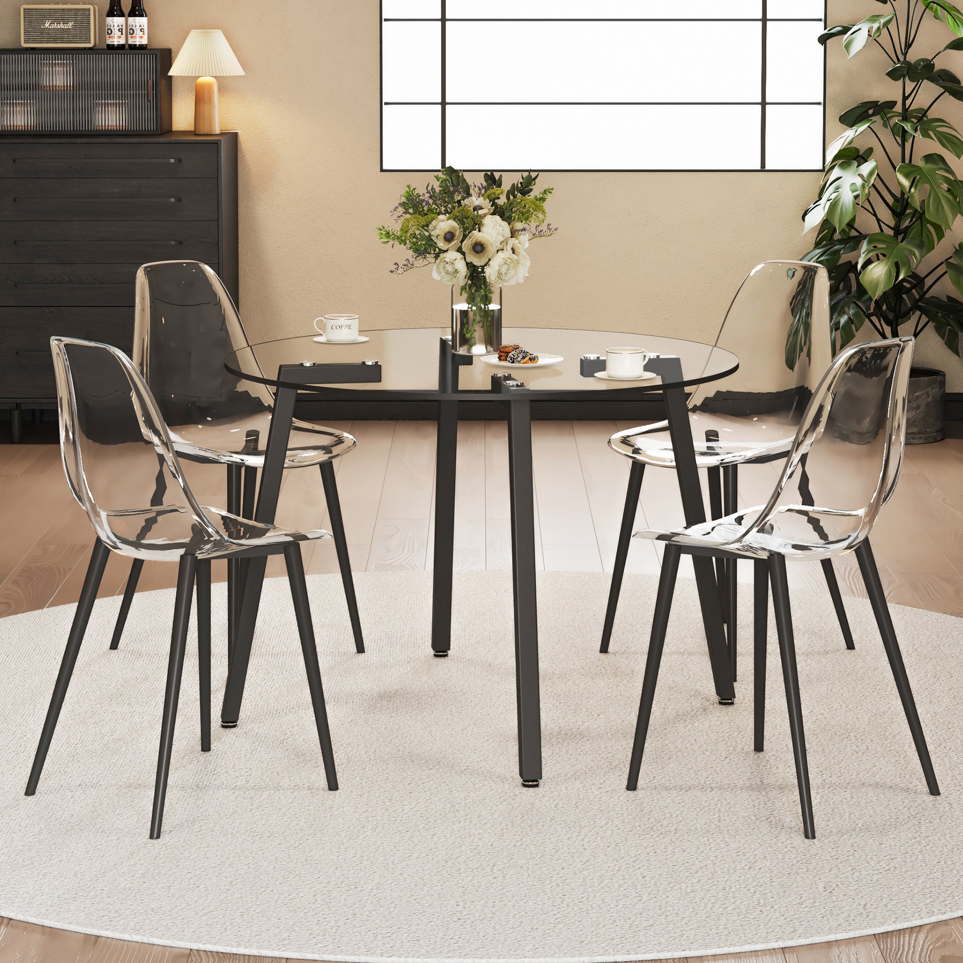 Modern Simple Style Round Transparent Tempered Glass Table, Black Metal Legs, 4 Piece Set Of Modern Minimalist Transparent Dining Chairs With Black Metal Legs, Drt 1123R Tw 1200 Transparent Glass