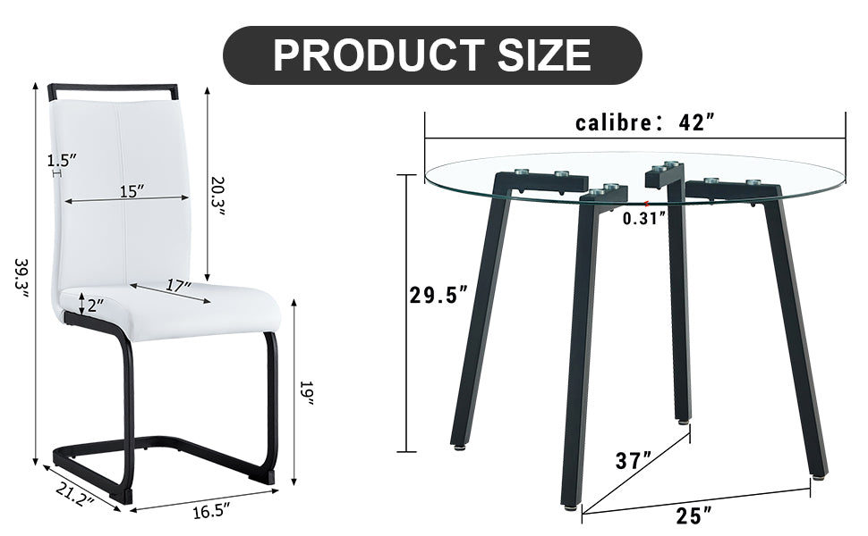 Modern Simple Style Round Transparent Tempered Glass Table, Black Metal Legs, 4 Modern Pu Leather High Backrest Cushioned Side Chairs, C Tube Chrome Legs Drt 1123R C 1162 Transparent Glass