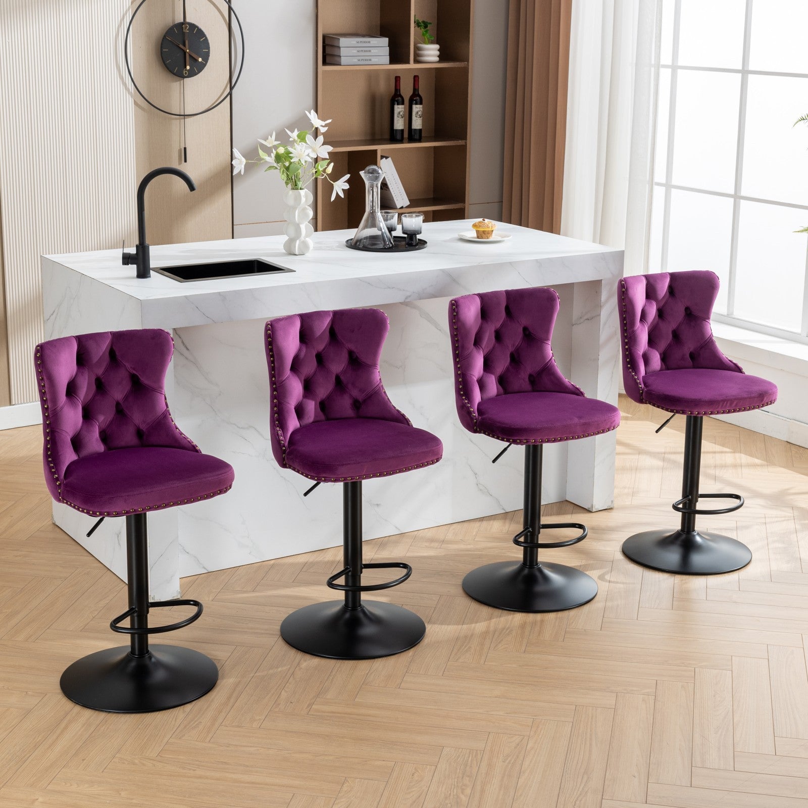 Swivel Velvet Barstools Adjusatble Seat Height From 25 33 Inch,17.7Inch Base, Modern Upholstered Bar Stools With Backs Comfortable Tufted For Home Pub And Kitchen Island,Purple,Set Of 2,Sw1812Pp Purple American Design Foam Velvet