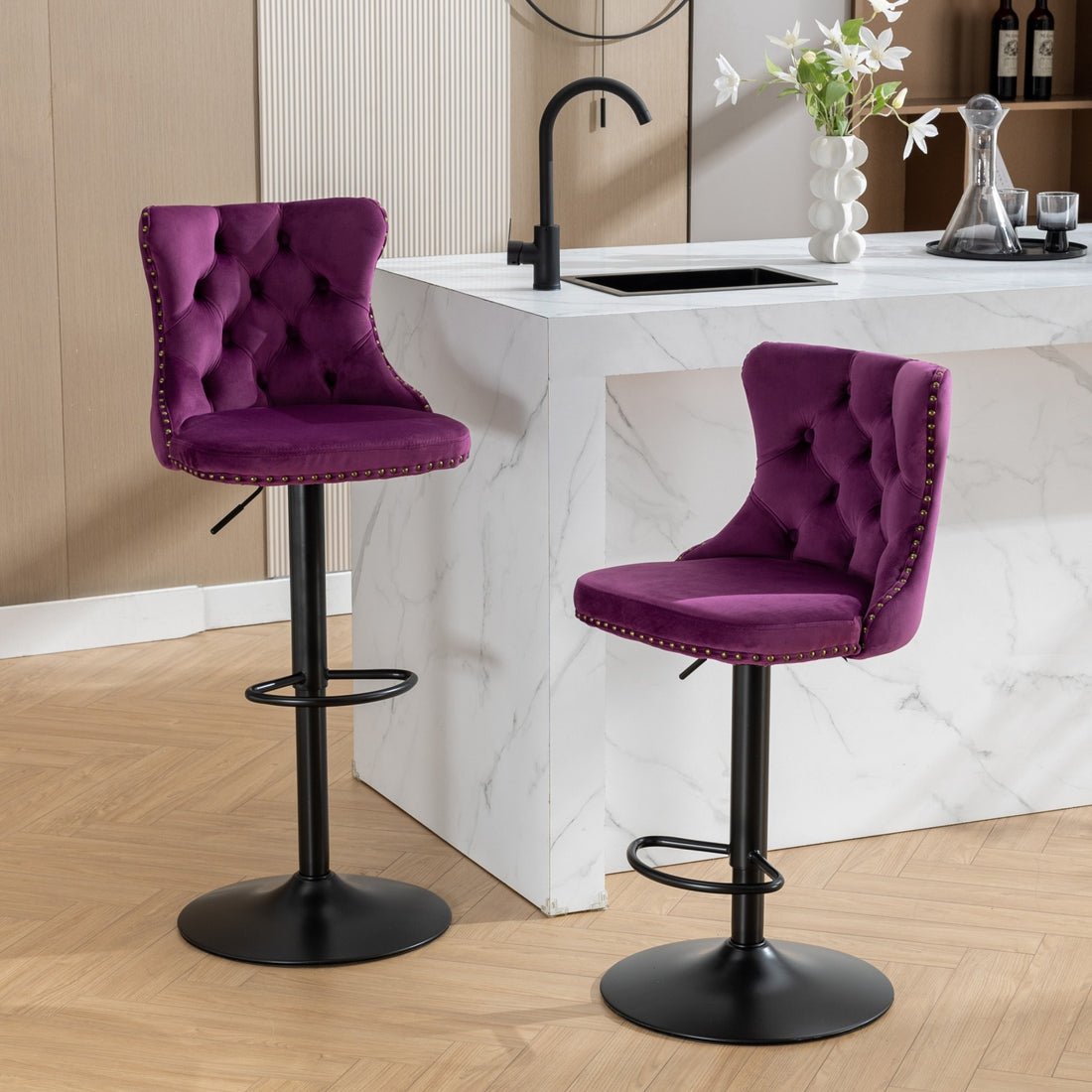 Swivel Velvet Barstools Adjusatble Seat Height From 25 33 Inch,17.7Inch Base, Modern Upholstered Bar Stools With Backs Comfortable Tufted For Home Pub And Kitchen Island,Purple,Set Of 2,Sw1812Pp Purple American Design Foam Velvet