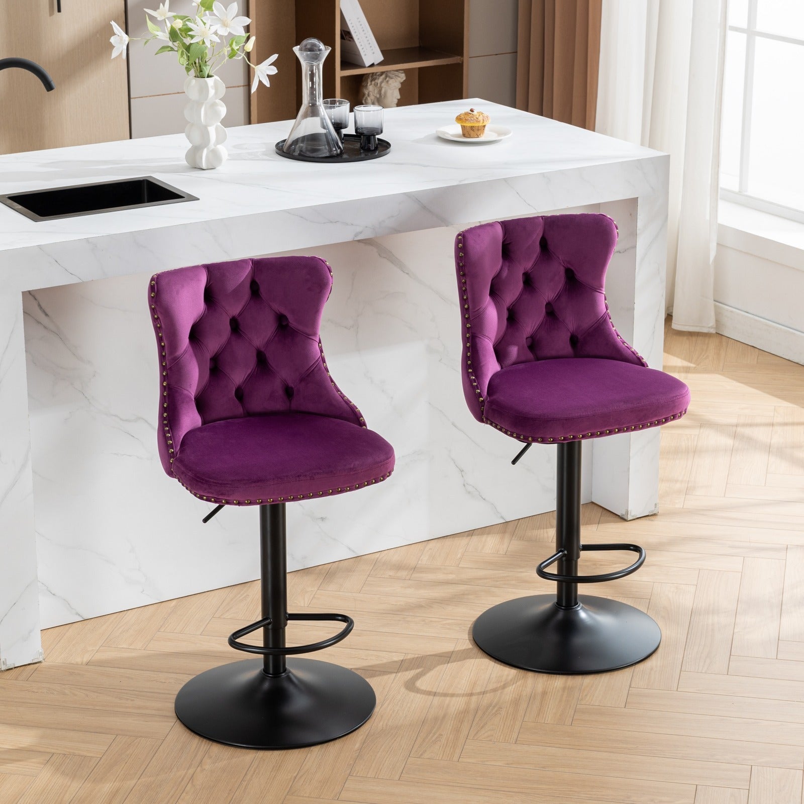 Swivel Velvet Barstools Adjusatble Seat Height From 25 33 Inch,17.7Inch Base, Modern Upholstered Bar Stools With Backs Comfortable Tufted For Home Pub And Kitchen Island,Purple,Set Of 2,Sw1812Pp Purple American Design Foam Velvet