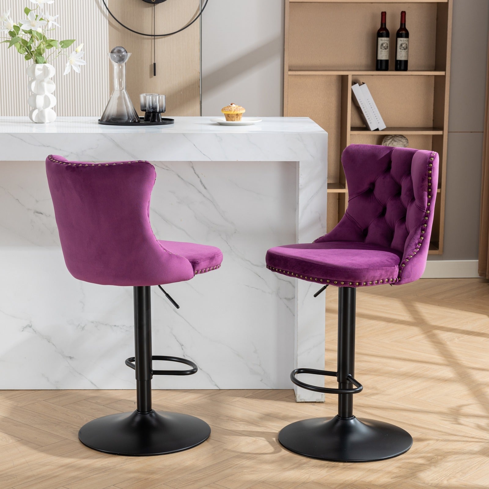 Swivel Velvet Barstools Adjusatble Seat Height From 25 33 Inch,17.7Inch Base, Modern Upholstered Bar Stools With Backs Comfortable Tufted For Home Pub And Kitchen Island,Purple,Set Of 2,Sw1812Pp Purple American Design Foam Velvet