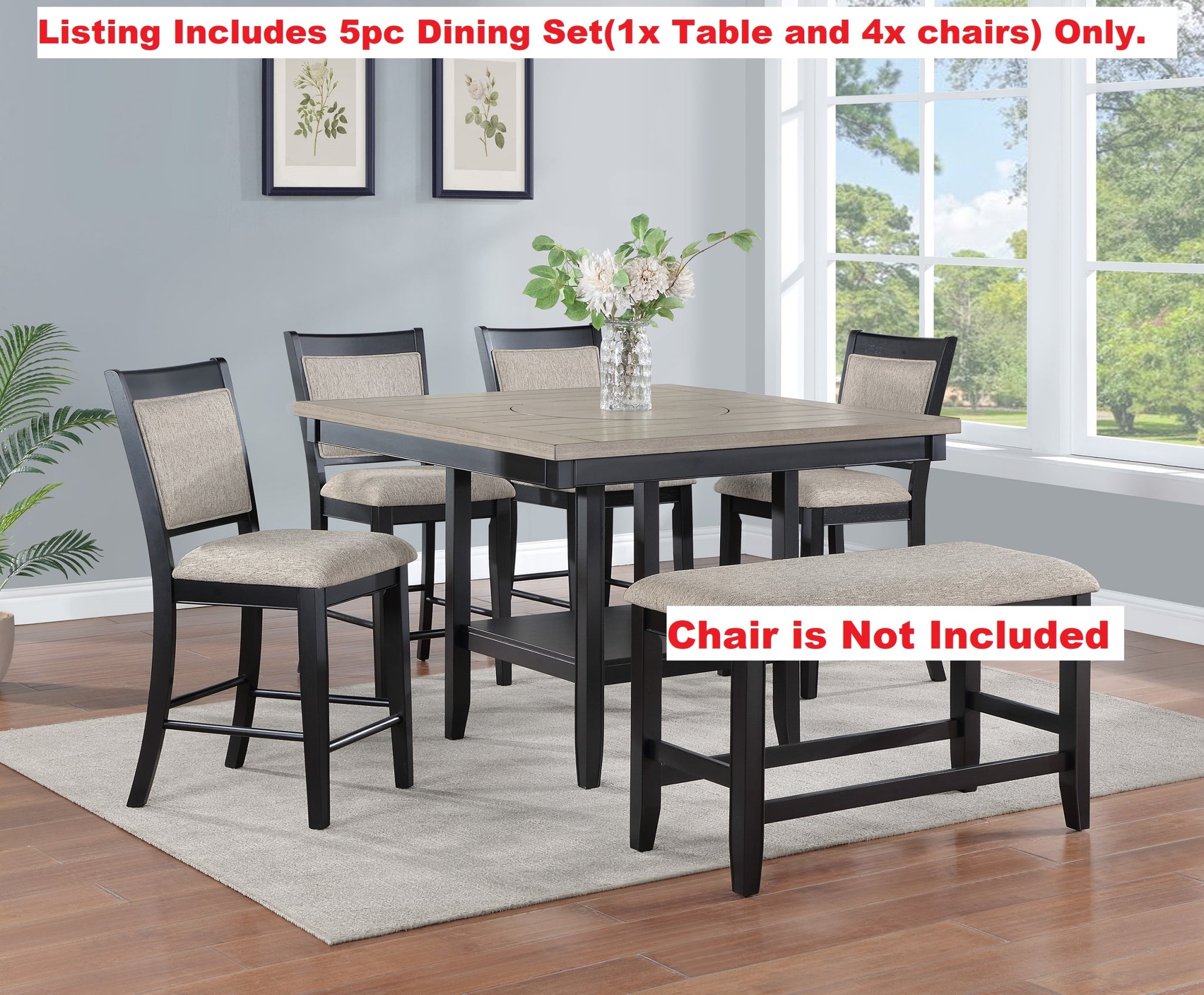 5pc Dining Set Contemporary Farmhouse Style Counter upholstered chair-wood-brown+light gray-seats