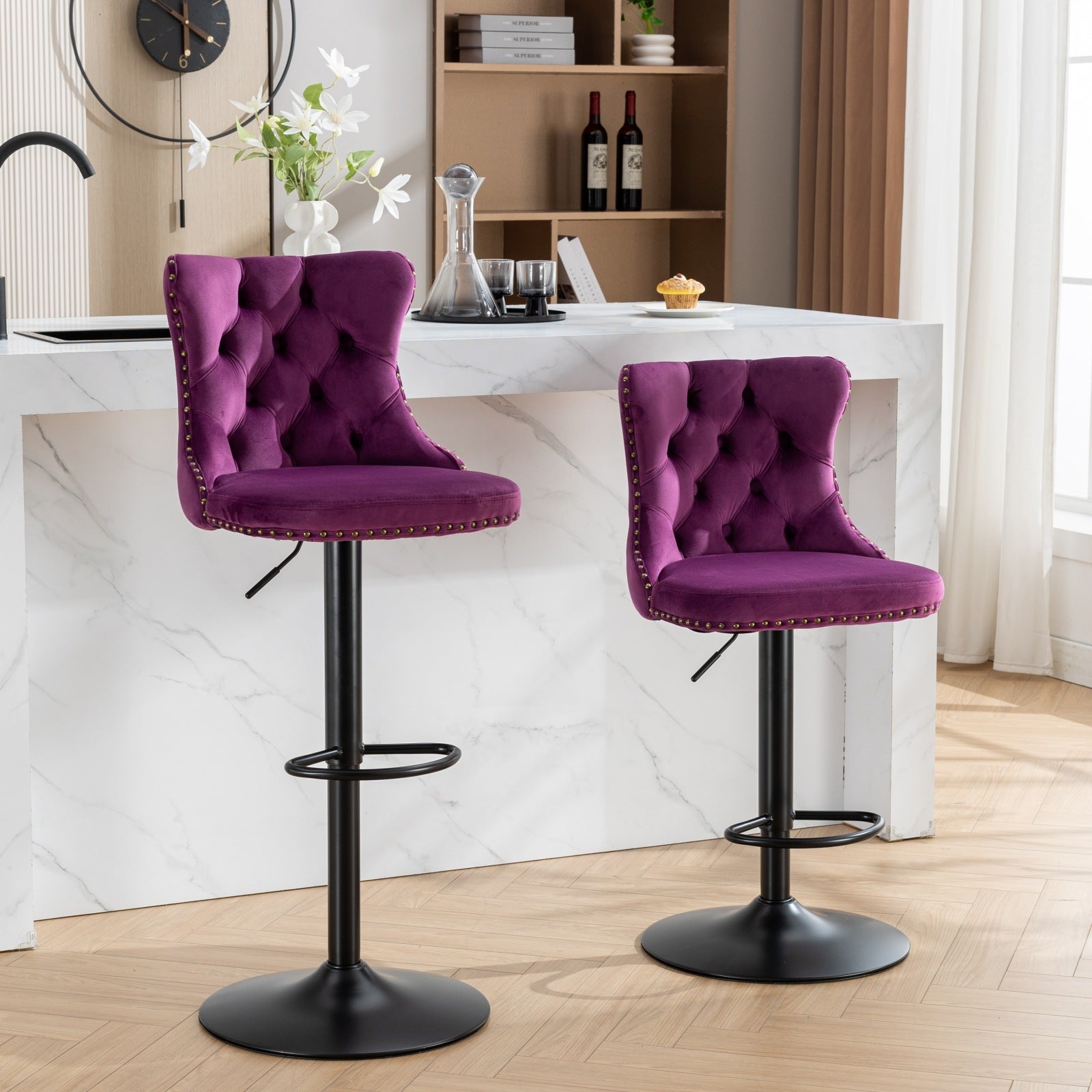 Swivel Velvet Barstools Adjusatble Seat Height From 25 33 Inch,17.7Inch Base, Modern Upholstered Bar Stools With Backs Comfortable Tufted For Home Pub And Kitchen Island,Purple,Set Of 2,Sw1812Pp Purple American Design Foam Velvet