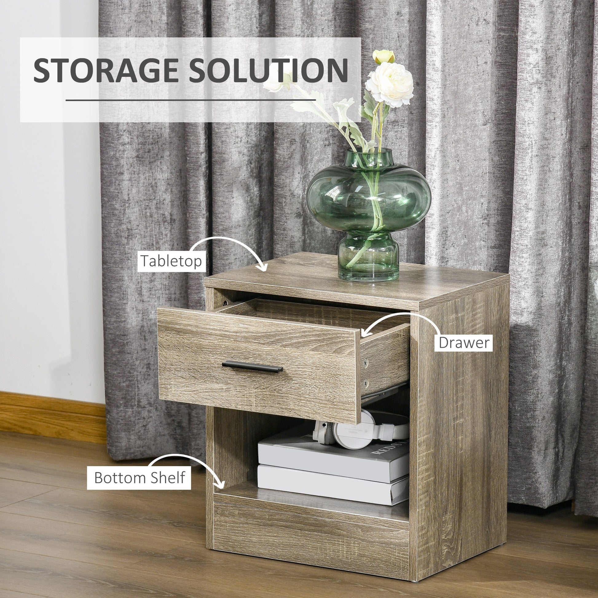 Homcom Side Table, Small End Table With Storage Shelf And Drawer, Modern Bedside Table For Bedroom Or Living Room, Gray Wood Grain Gray Particle Board